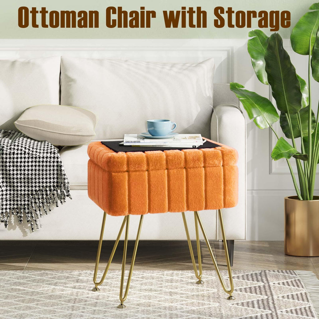 Greenstell Vanity Stool Chair Faux Fur with Storage, 15.7"L x 11.8"W x 19.4"H Soft Ottoman 4 Metal Legs with Anti-Slip Feet, Furry Padded Seat, Modern Multifunctional Chairs for Makeup, Bedroom Pink