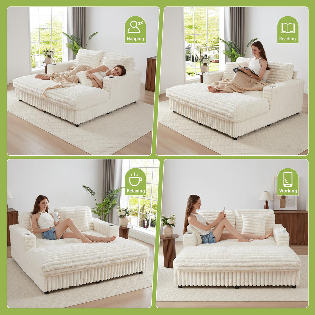 RARZOE 64'' Oversized Chaise Lounge Chair Indoor, Plush Faux Rabbit Fur Sleeper Sofa Bed with 4 Pillows, Charging Station & Cup Holders, Fluffy Comfy Cloud Couch Loveseat Sofa for Living Room,Pink