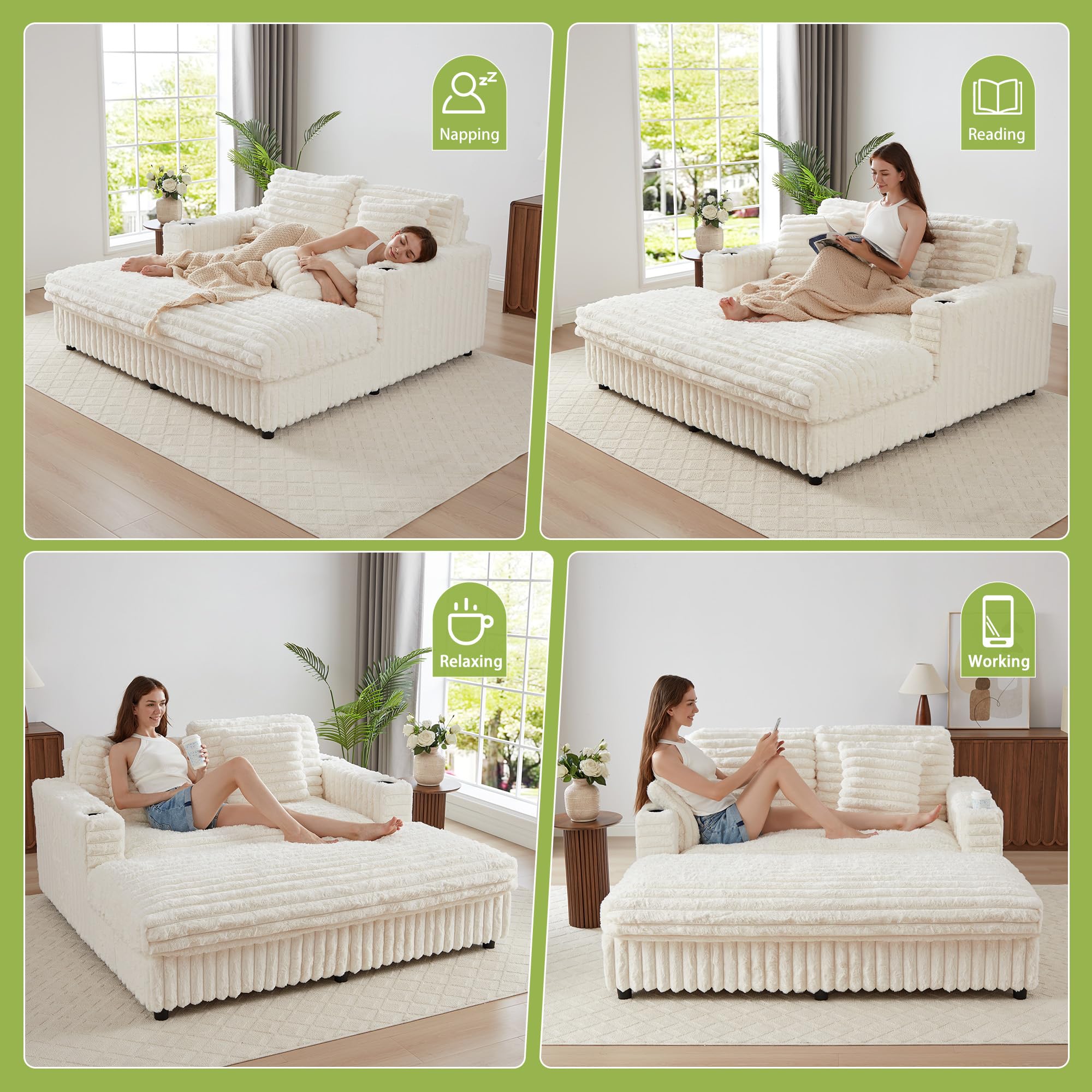 RARZOE 64'' Oversized Chaise Lounge Chair Indoor, Plush Faux Rabbit Fur Sleeper Sofa Bed with 4 Pillows, Charging Station & Cup Holders, Fluffy Comfy Cloud Couch Loveseat Sofa for Living Room,Pink