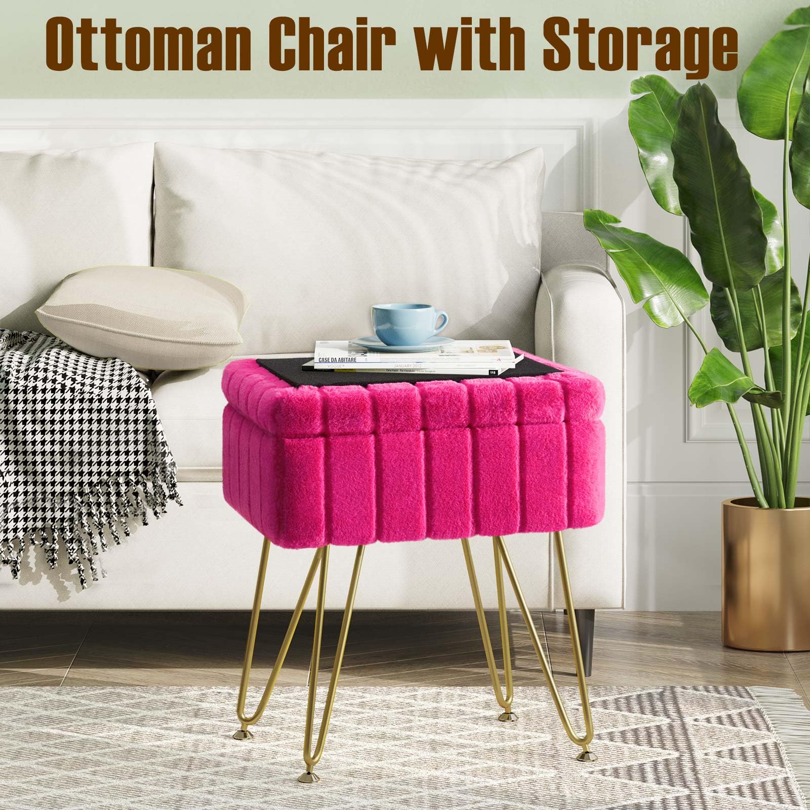 Greenstell Vanity Stool Chair Faux Fur with Storage, 15.7"L x 11.8"W x 19.4"H Soft Ottoman 4 Metal Legs with Anti-Slip Feet, Furry Padded Seat, Modern Multifunctional Chairs for Makeup, Bedroom Pink
