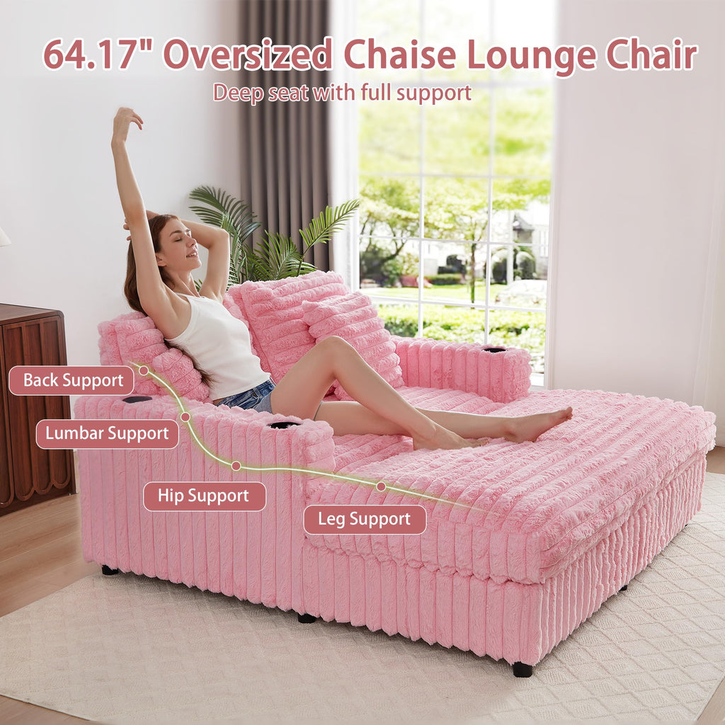 RARZOE 64'' Oversized Chaise Lounge Chair Indoor, Plush Faux Rabbit Fur Sleeper Sofa Bed with 4 Pillows, Charging Station & Cup Holders, Fluffy Comfy Cloud Couch Loveseat Sofa for Living Room,Pink