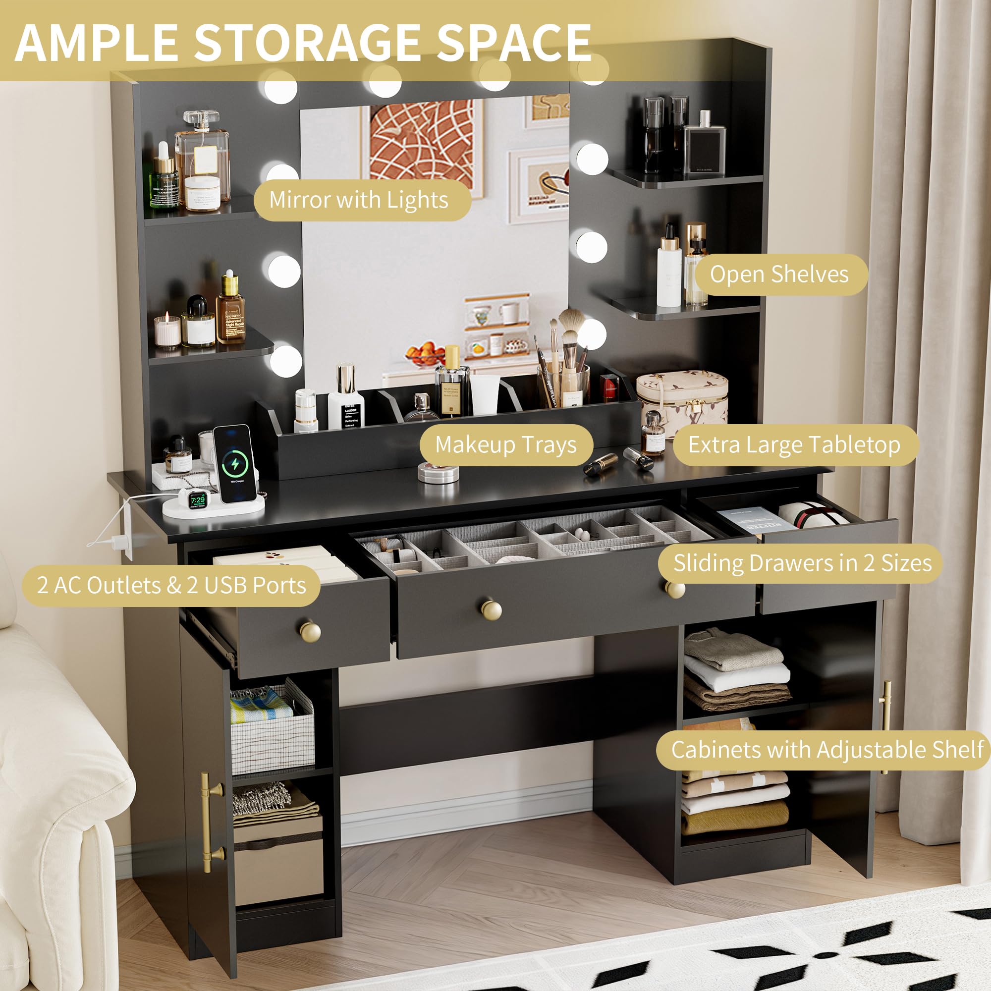 Vanity Desk with Mirror and Lights, 43'' Pink Makeup Dressing Table Set with 5 Drawers & Chair, Power Outlet, 3 Lighting Modes Adjustable Brightness & RGB LED for Women Girls Bedroom Bathroom