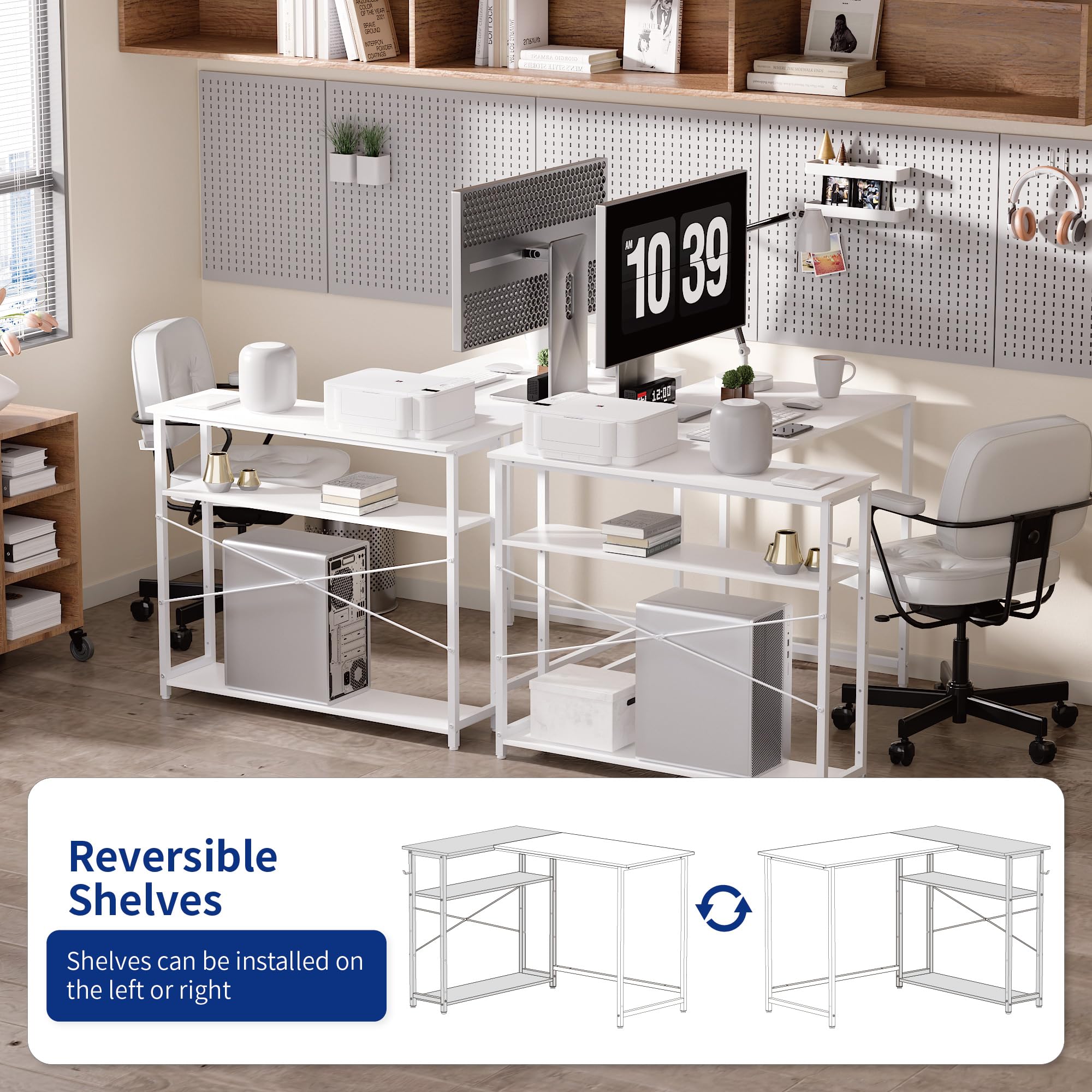 Pamray 43 Inch L Shaped Computer Desk with Reversible Side Storage Shelves, Small Corner Desk for Small Space Home Office,Writing Study Table PC Desk for Bedroom,Pink with White Leg