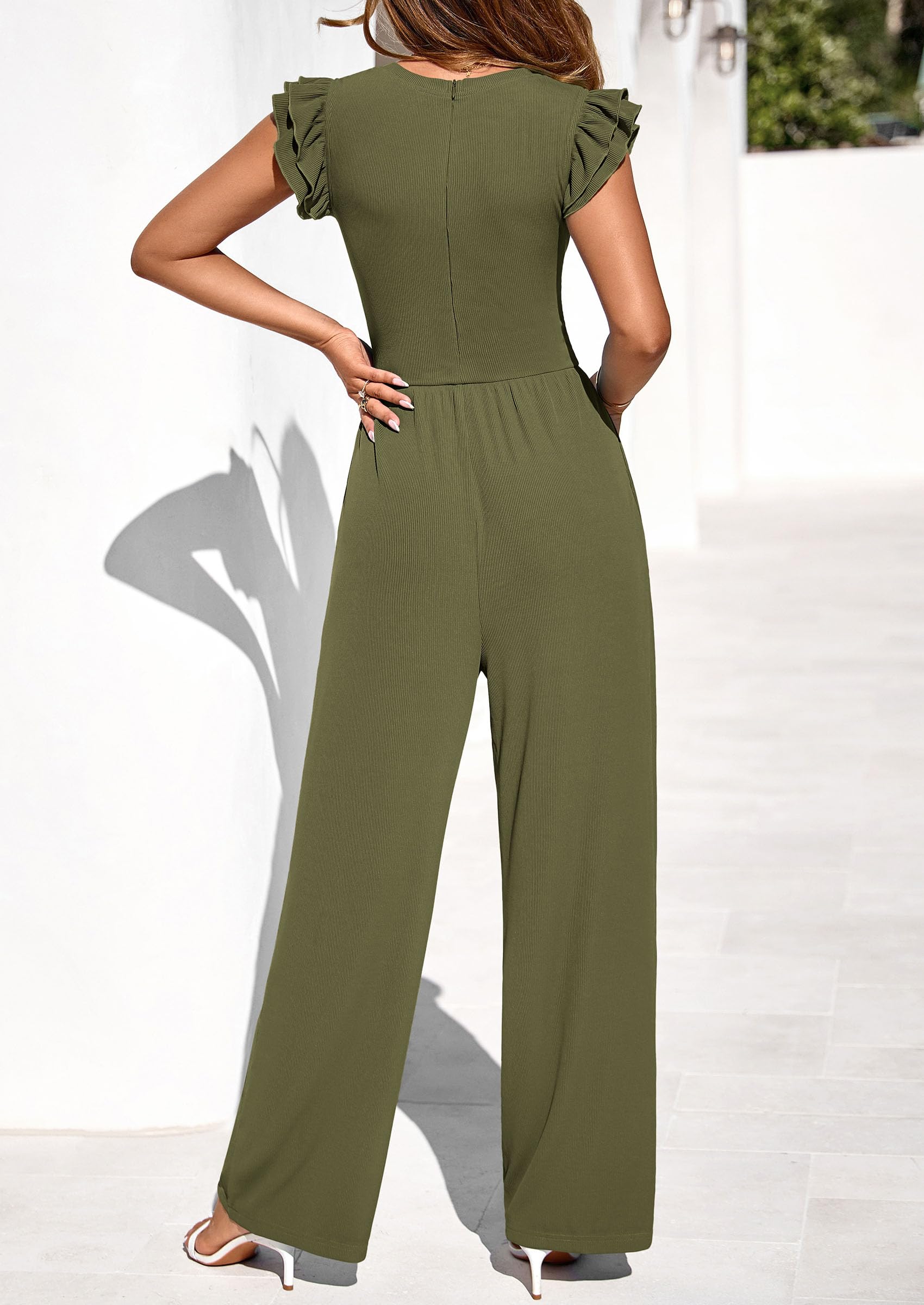 PRETTYGARDEN One Piece Jumpsuits For Women Dressy Ruffle Cap Sleeve V Neck Ribbed Knit Wide Leg Romper Casual Spring Outfits