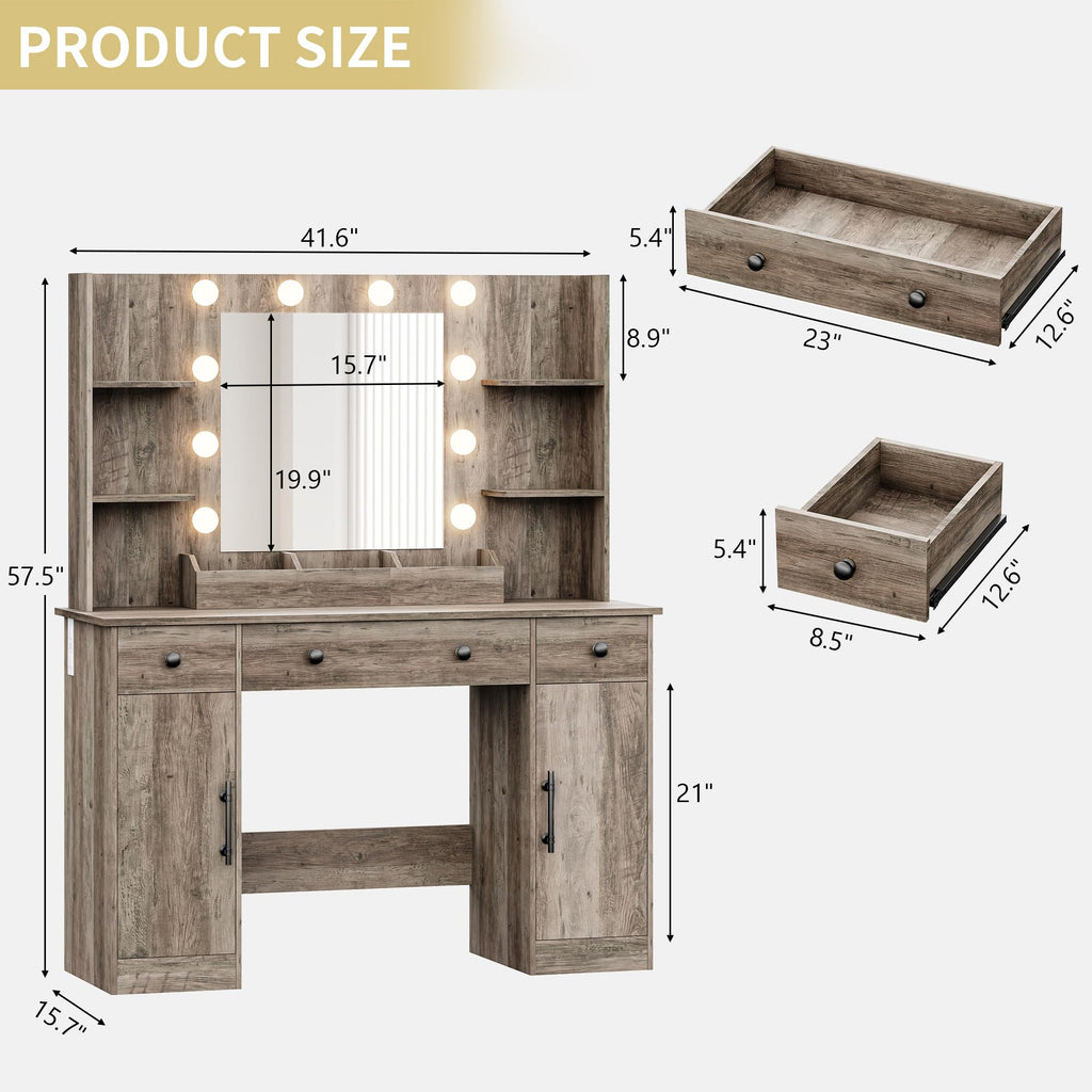 Vanity Desk with Mirror and Lights, 43'' Pink Makeup Dressing Table Set with 5 Drawers & Chair, Power Outlet, 3 Lighting Modes Adjustable Brightness & RGB LED for Women Girls Bedroom Bathroom