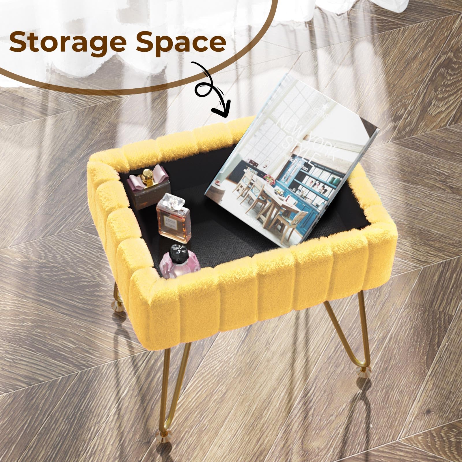 Greenstell Vanity Stool Chair Faux Fur with Storage, 15.7"L x 11.8"W x 19.4"H Soft Ottoman 4 Metal Legs with Anti-Slip Feet, Furry Padded Seat, Modern Multifunctional Chairs for Makeup, Bedroom Pink