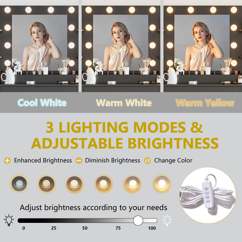 Vanity Desk with Mirror and Lights, 43'' Pink Makeup Dressing Table Set with 5 Drawers & Chair, Power Outlet, 3 Lighting Modes Adjustable Brightness & RGB LED for Women Girls Bedroom Bathroom