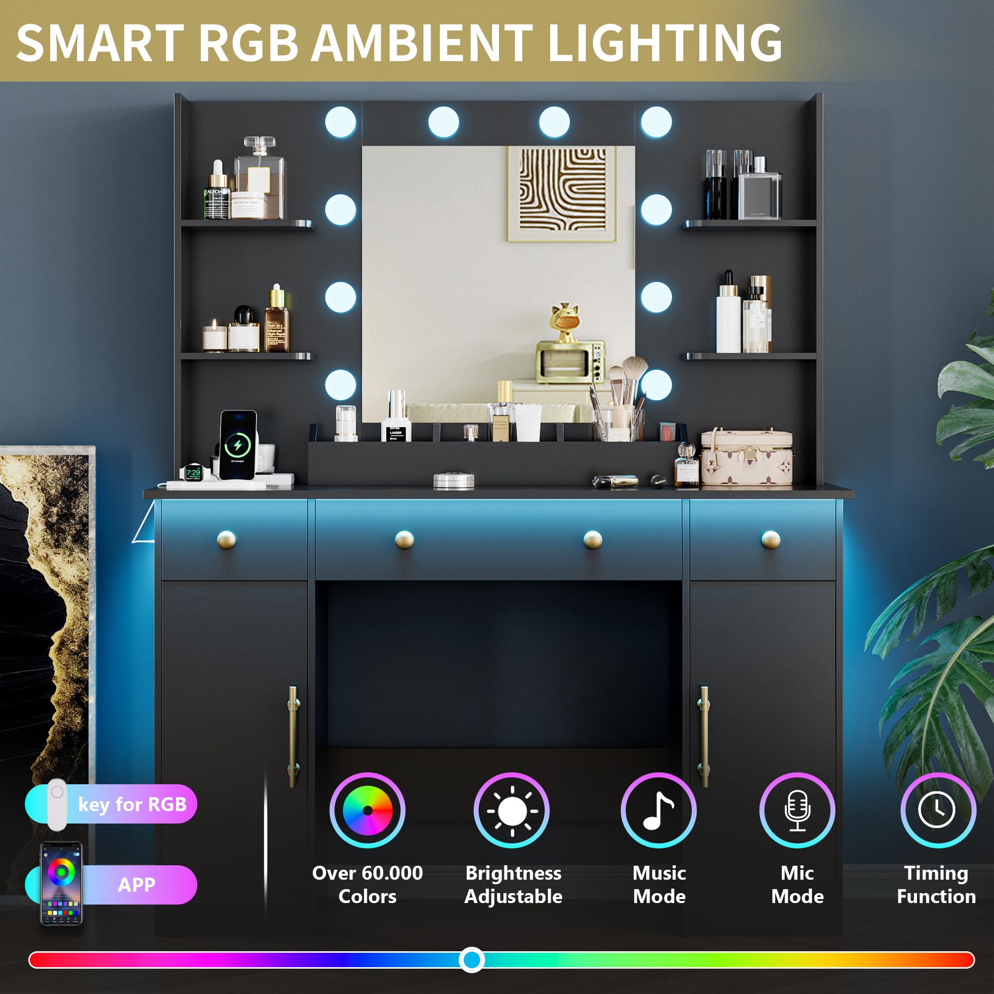 Vanity Desk with Mirror and Lights, 43'' Pink Makeup Dressing Table Set with 5 Drawers & Chair, Power Outlet, 3 Lighting Modes Adjustable Brightness & RGB LED for Women Girls Bedroom Bathroom