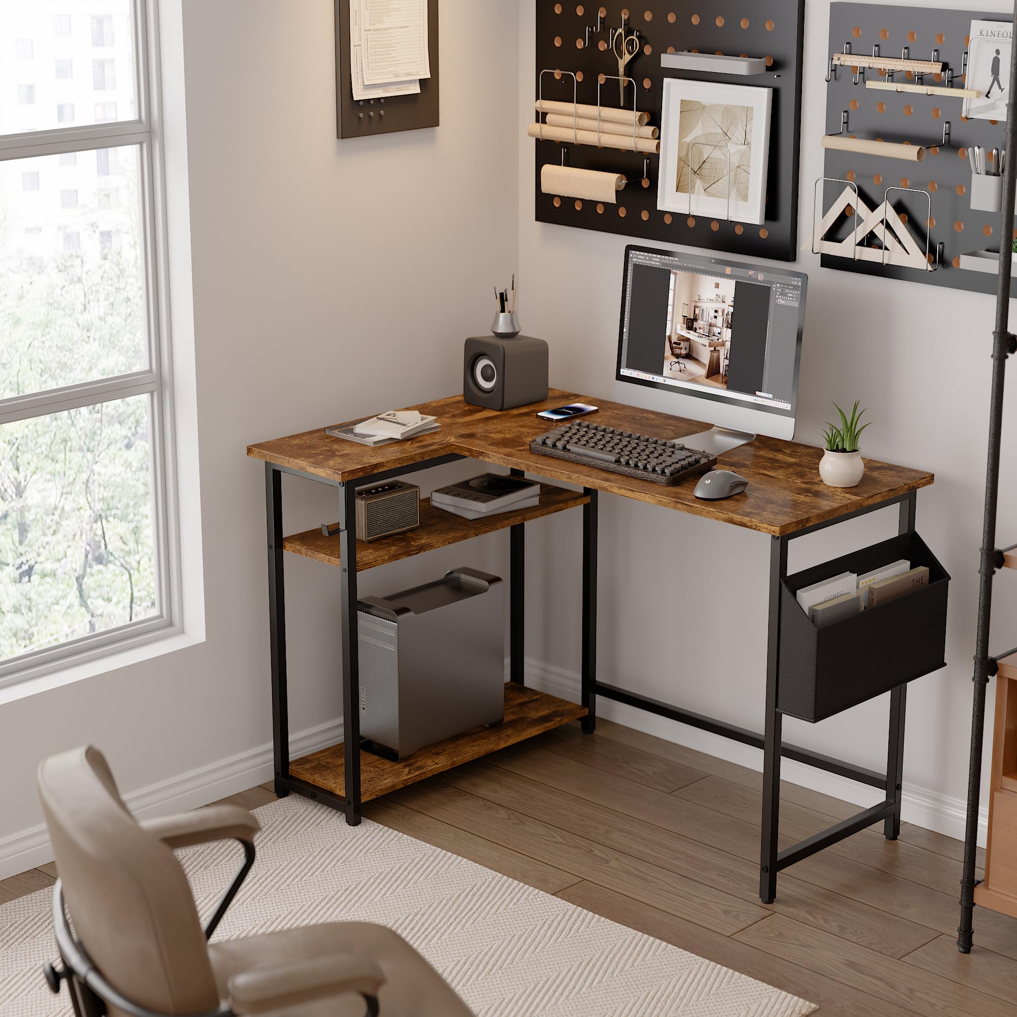 Pamray 43 Inch L Shaped Computer Desk with Reversible Side Storage Shelves, Small Corner Desk for Small Space Home Office,Writing Study Table PC Desk for Bedroom,Pink with White Leg