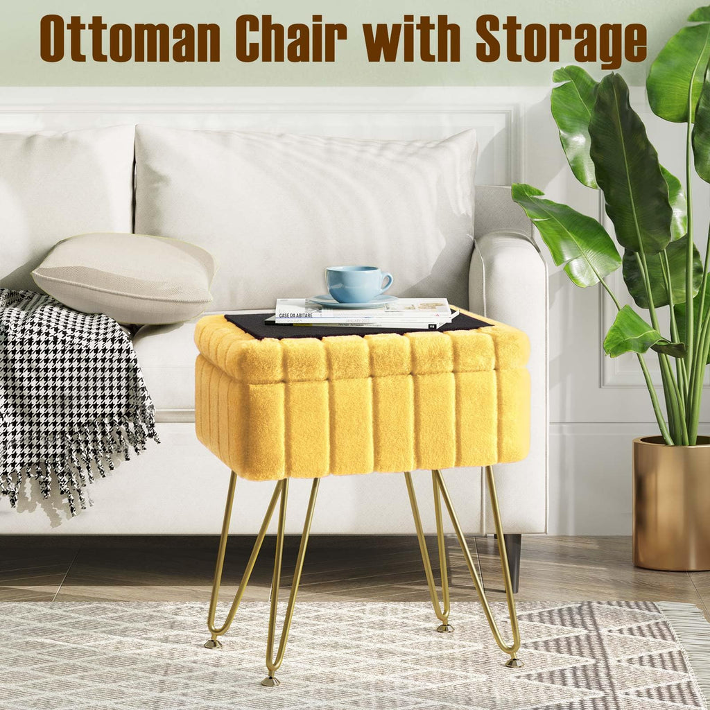 Greenstell Vanity Stool Chair Faux Fur with Storage, 15.7"L x 11.8"W x 19.4"H Soft Ottoman 4 Metal Legs with Anti-Slip Feet, Furry Padded Seat, Modern Multifunctional Chairs for Makeup, Bedroom Pink