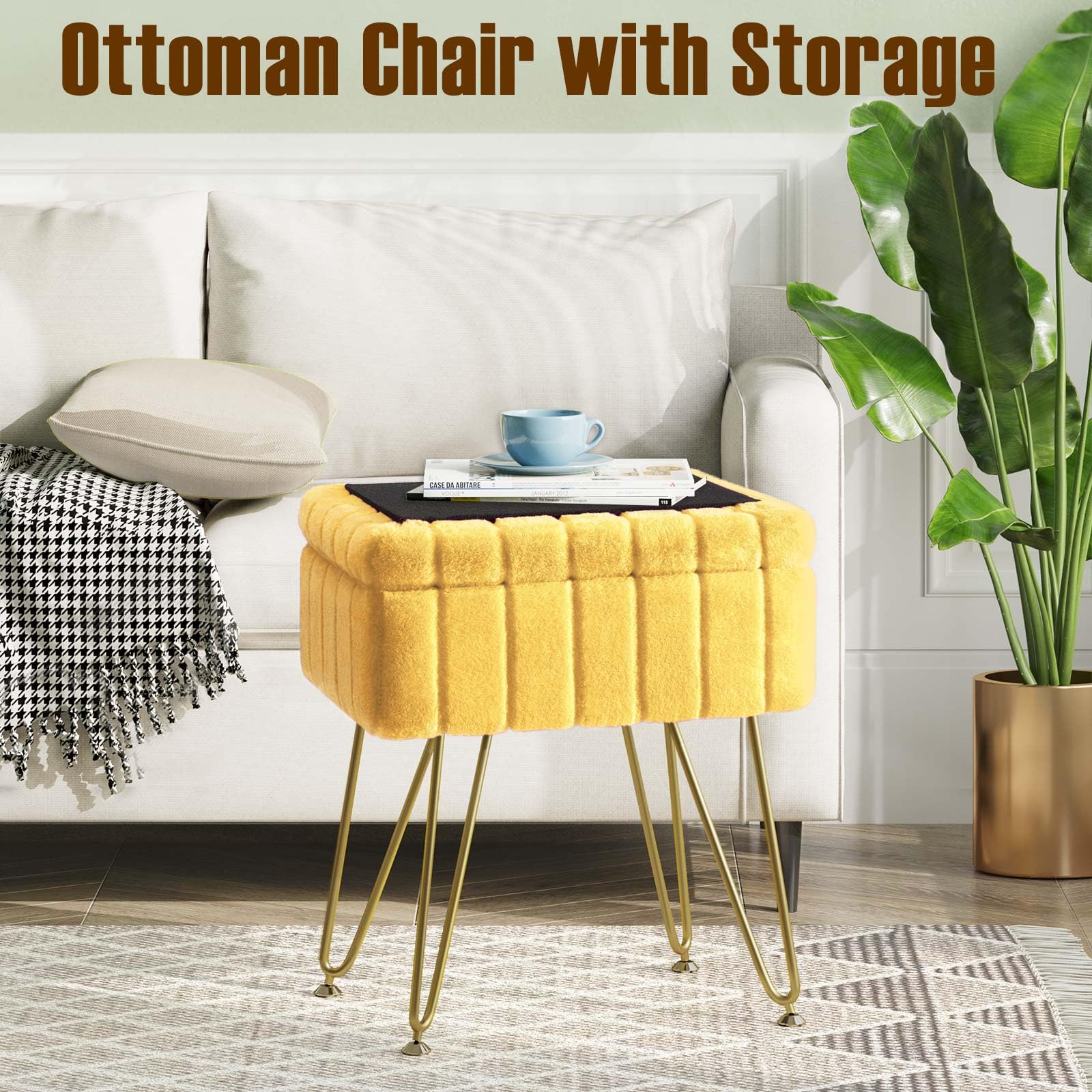 Greenstell Vanity Stool Chair Faux Fur with Storage, 15.7"L x 11.8"W x 19.4"H Soft Ottoman 4 Metal Legs with Anti-Slip Feet, Furry Padded Seat, Modern Multifunctional Chairs for Makeup, Bedroom Pink