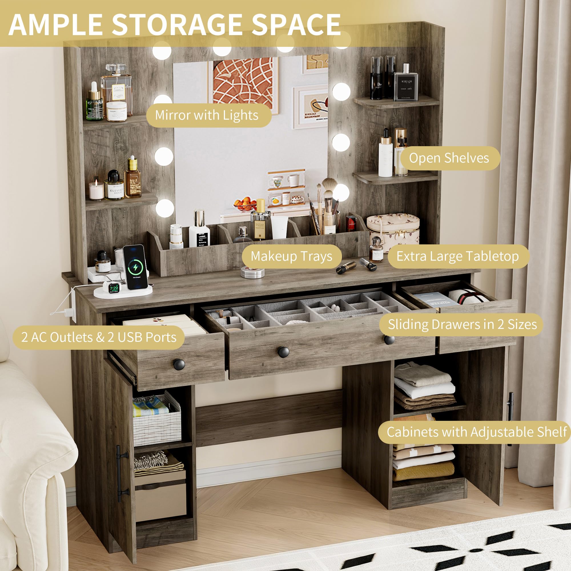 Vanity Desk with Mirror and Lights, 43'' Pink Makeup Dressing Table Set with 5 Drawers & Chair, Power Outlet, 3 Lighting Modes Adjustable Brightness & RGB LED for Women Girls Bedroom Bathroom