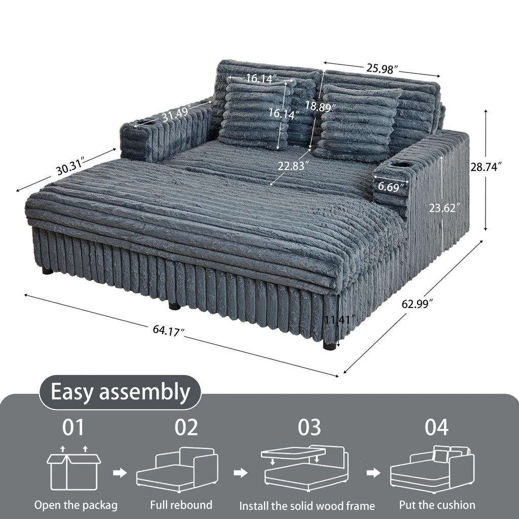 RARZOE 64'' Oversized Chaise Lounge Chair Indoor, Plush Faux Rabbit Fur Sleeper Sofa Bed with 4 Pillows, Charging Station & Cup Holders, Fluffy Comfy Cloud Couch Loveseat Sofa for Living Room,Pink