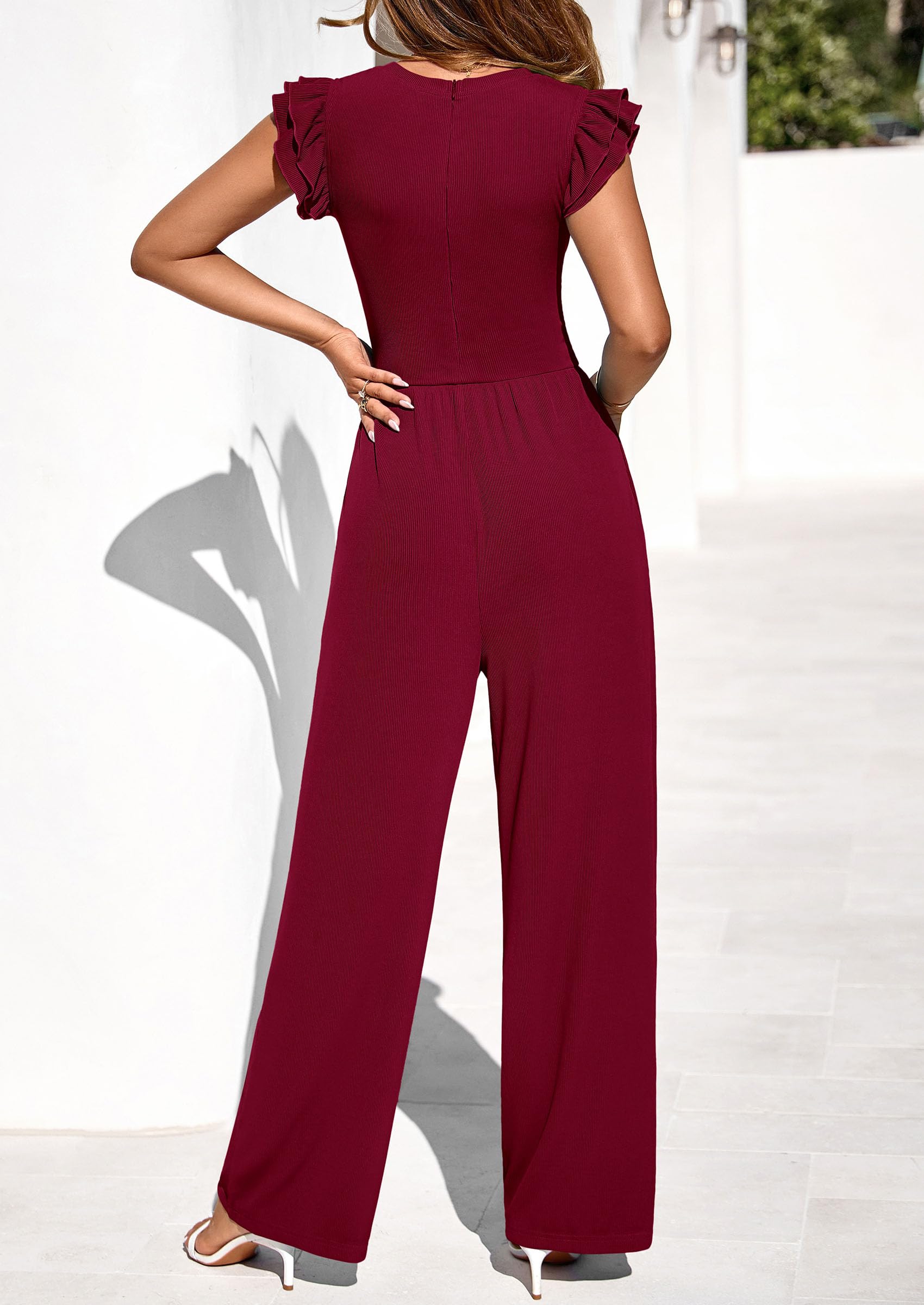 PRETTYGARDEN One Piece Jumpsuits For Women Dressy Ruffle Cap Sleeve V Neck Ribbed Knit Wide Leg Romper Casual Spring Outfits