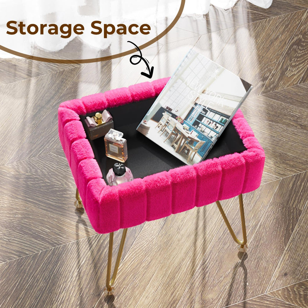 Greenstell Vanity Stool Chair Faux Fur with Storage, 15.7"L x 11.8"W x 19.4"H Soft Ottoman 4 Metal Legs with Anti-Slip Feet, Furry Padded Seat, Modern Multifunctional Chairs for Makeup, Bedroom Pink