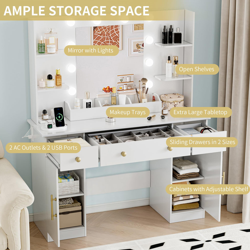 Vanity Desk with Mirror and Lights, 43'' Pink Makeup Dressing Table Set with 5 Drawers & Chair, Power Outlet, 3 Lighting Modes Adjustable Brightness & RGB LED for Women Girls Bedroom Bathroom