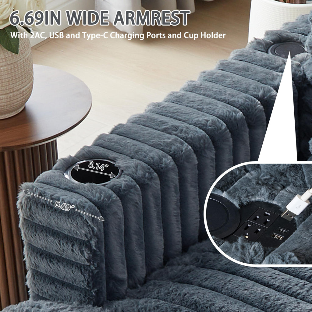 RARZOE 64'' Oversized Chaise Lounge Chair Indoor, Plush Faux Rabbit Fur Sleeper Sofa Bed with 4 Pillows, Charging Station & Cup Holders, Fluffy Comfy Cloud Couch Loveseat Sofa for Living Room,Pink