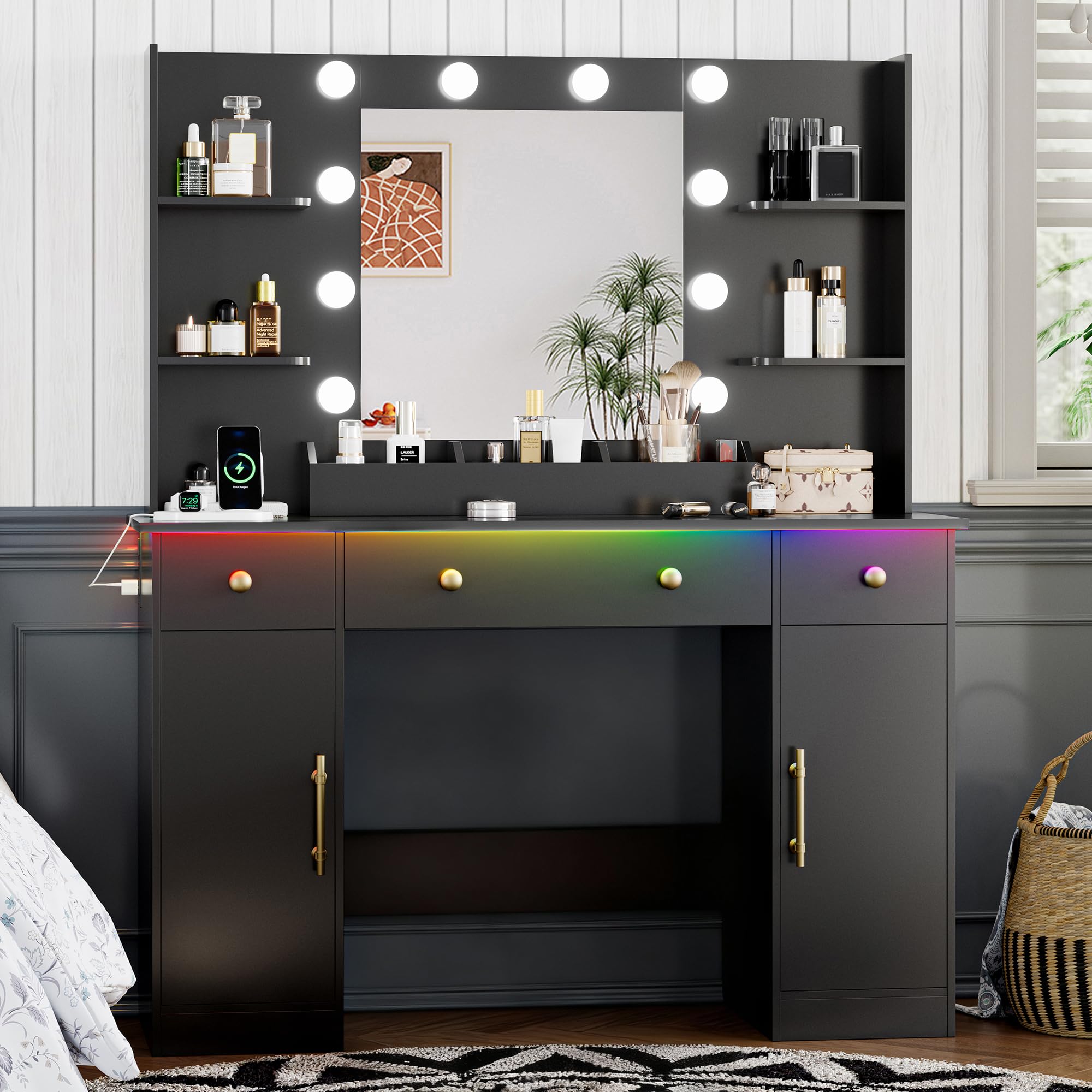 Vanity Desk with Mirror and Lights, 43'' Pink Makeup Dressing Table Set with 5 Drawers & Chair, Power Outlet, 3 Lighting Modes Adjustable Brightness & RGB LED for Women Girls Bedroom Bathroom