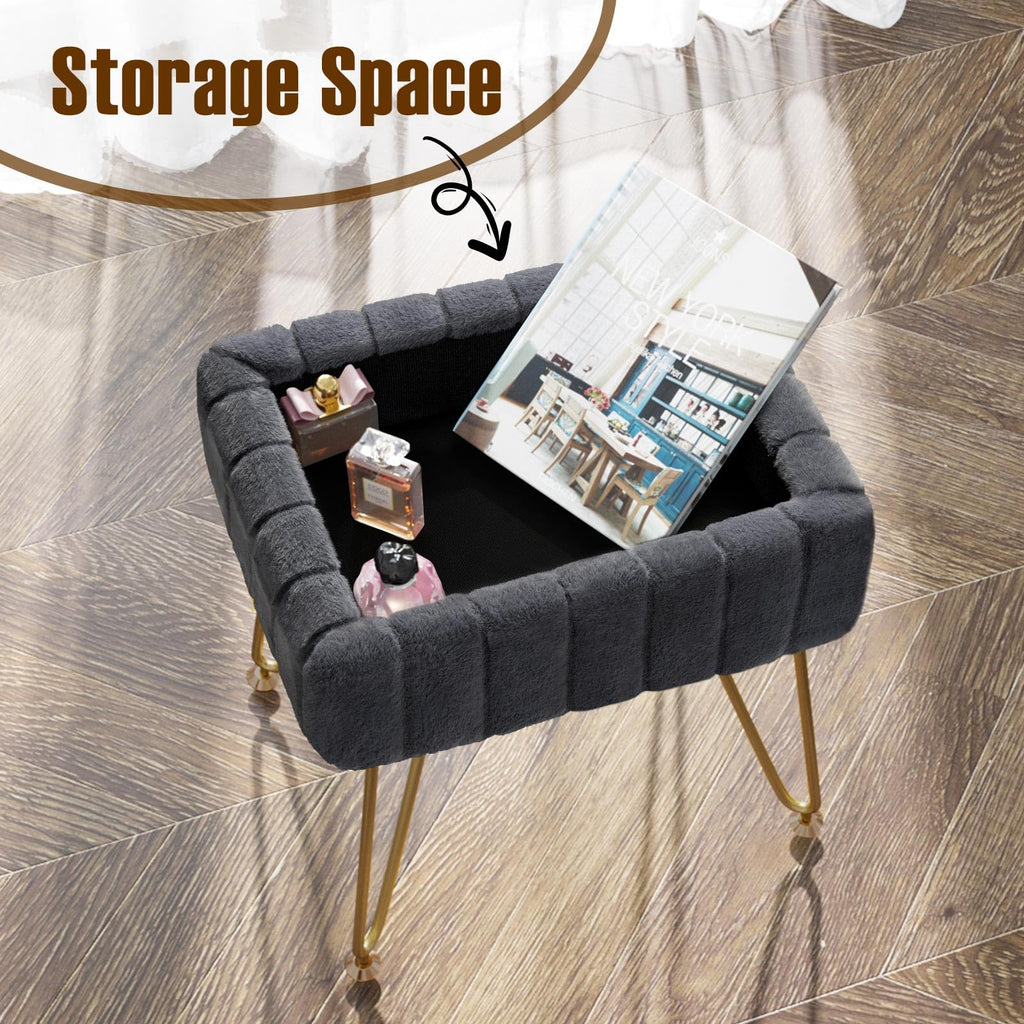 Greenstell Vanity Stool Chair Faux Fur with Storage, 15.7"L x 11.8"W x 19.4"H Soft Ottoman 4 Metal Legs with Anti-Slip Feet, Furry Padded Seat, Modern Multifunctional Chairs for Makeup, Bedroom Pink