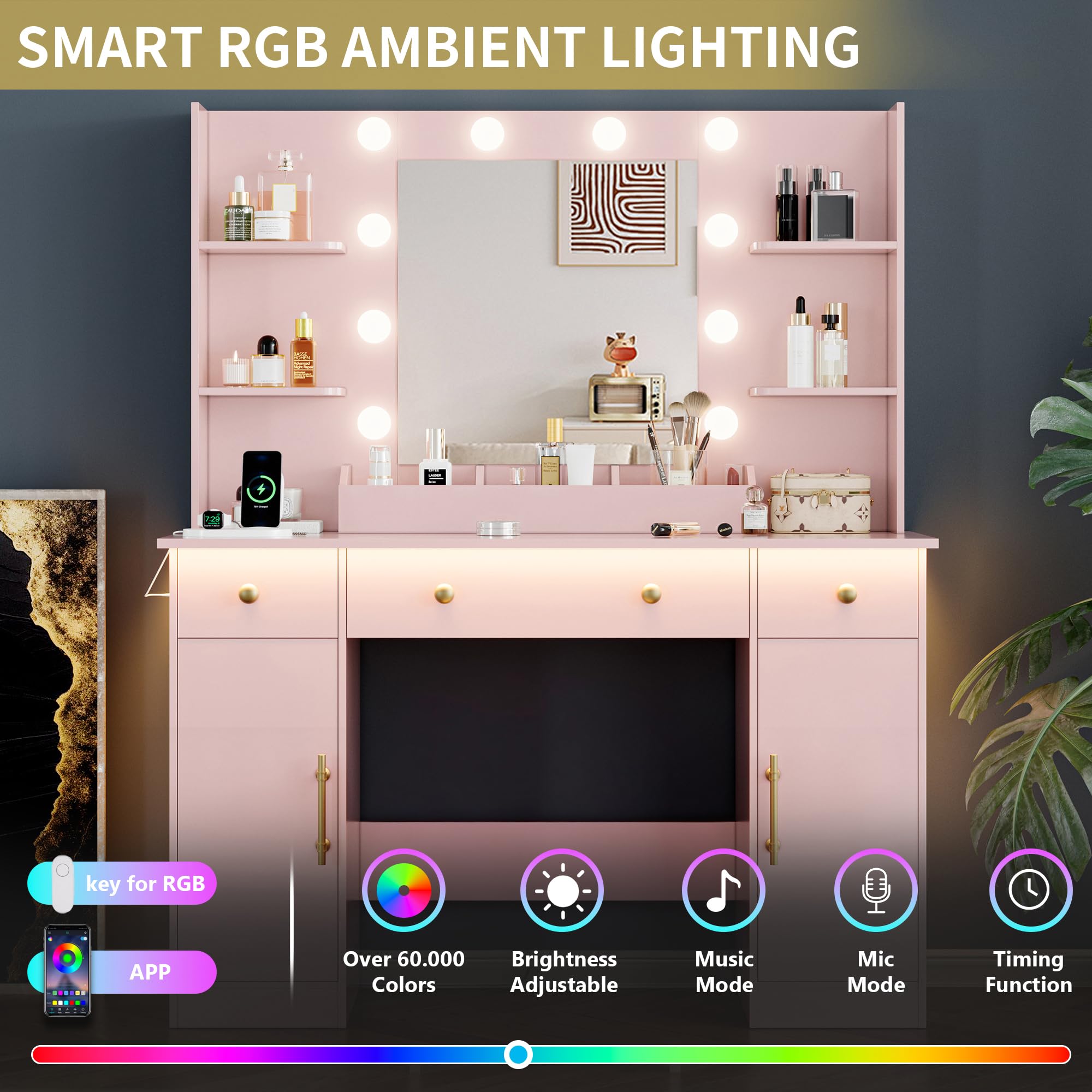 Vanity Desk with Mirror and Lights, 43'' Pink Makeup Dressing Table Set with 5 Drawers & Chair, Power Outlet, 3 Lighting Modes Adjustable Brightness & RGB LED for Women Girls Bedroom Bathroom