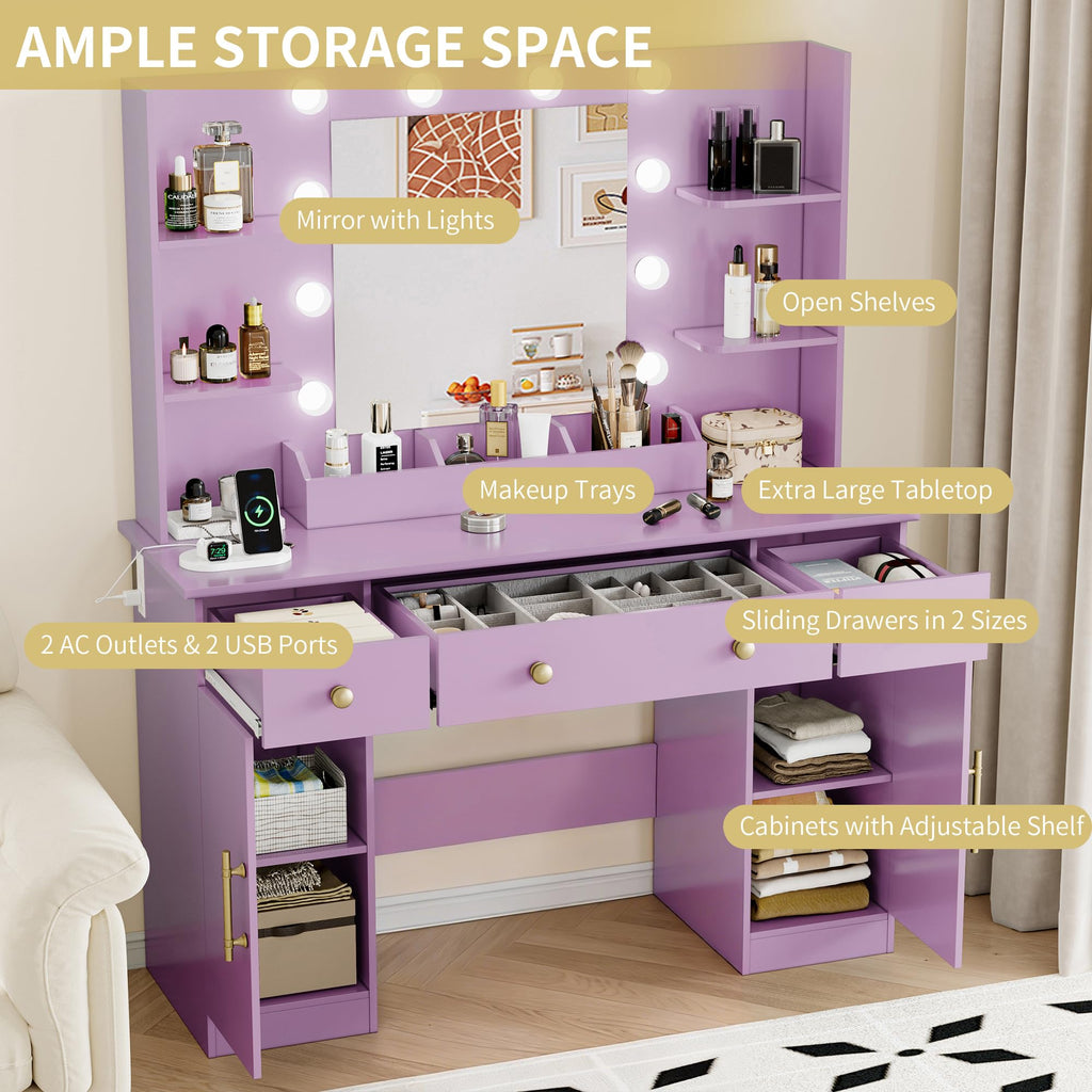 Vanity Desk with Mirror and Lights, 43'' Pink Makeup Dressing Table Set with 5 Drawers & Chair, Power Outlet, 3 Lighting Modes Adjustable Brightness & RGB LED for Women Girls Bedroom Bathroom