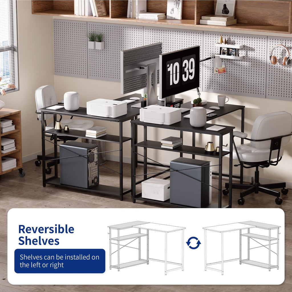 Pamray 43 Inch L Shaped Computer Desk with Reversible Side Storage Shelves, Small Corner Desk for Small Space Home Office,Writing Study Table PC Desk for Bedroom,Pink with White Leg