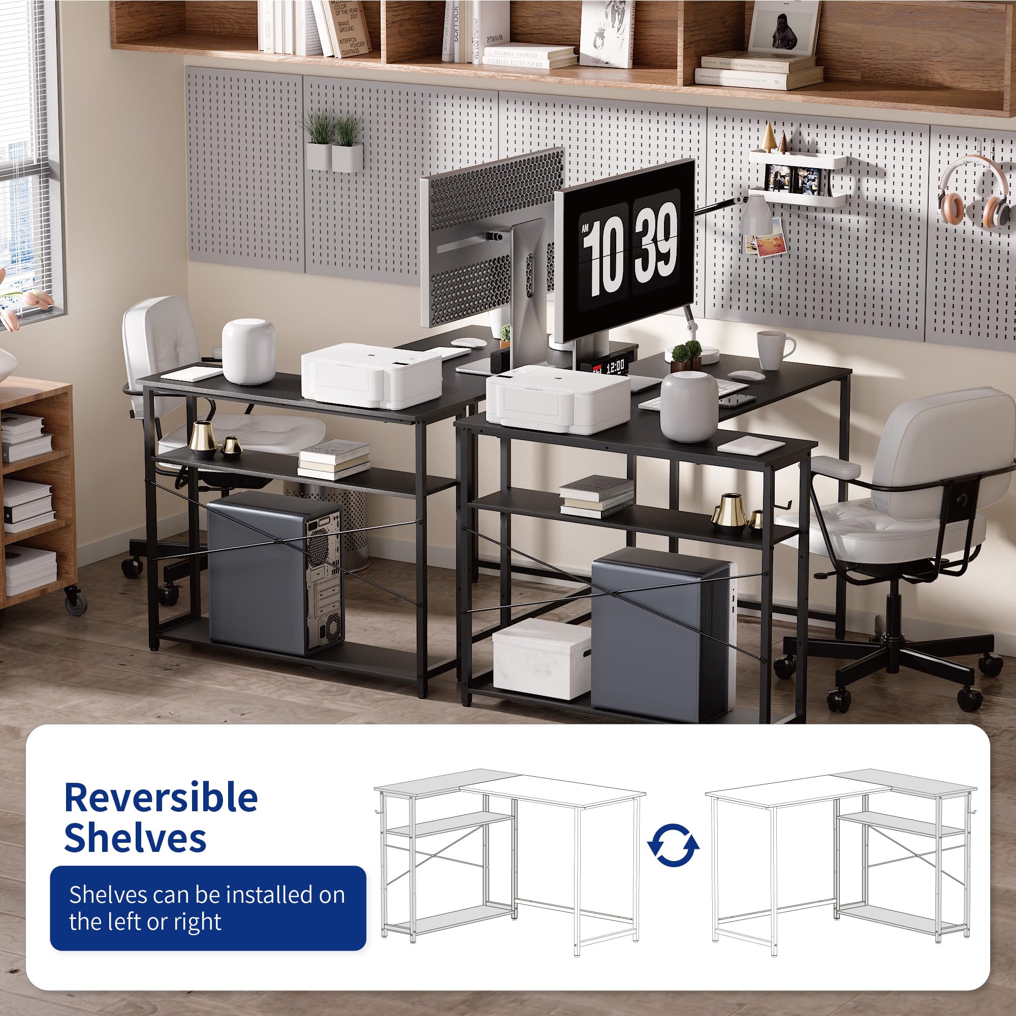 Pamray 43 Inch L Shaped Computer Desk with Reversible Side Storage Shelves, Small Corner Desk for Small Space Home Office,Writing Study Table PC Desk for Bedroom,Pink with White Leg