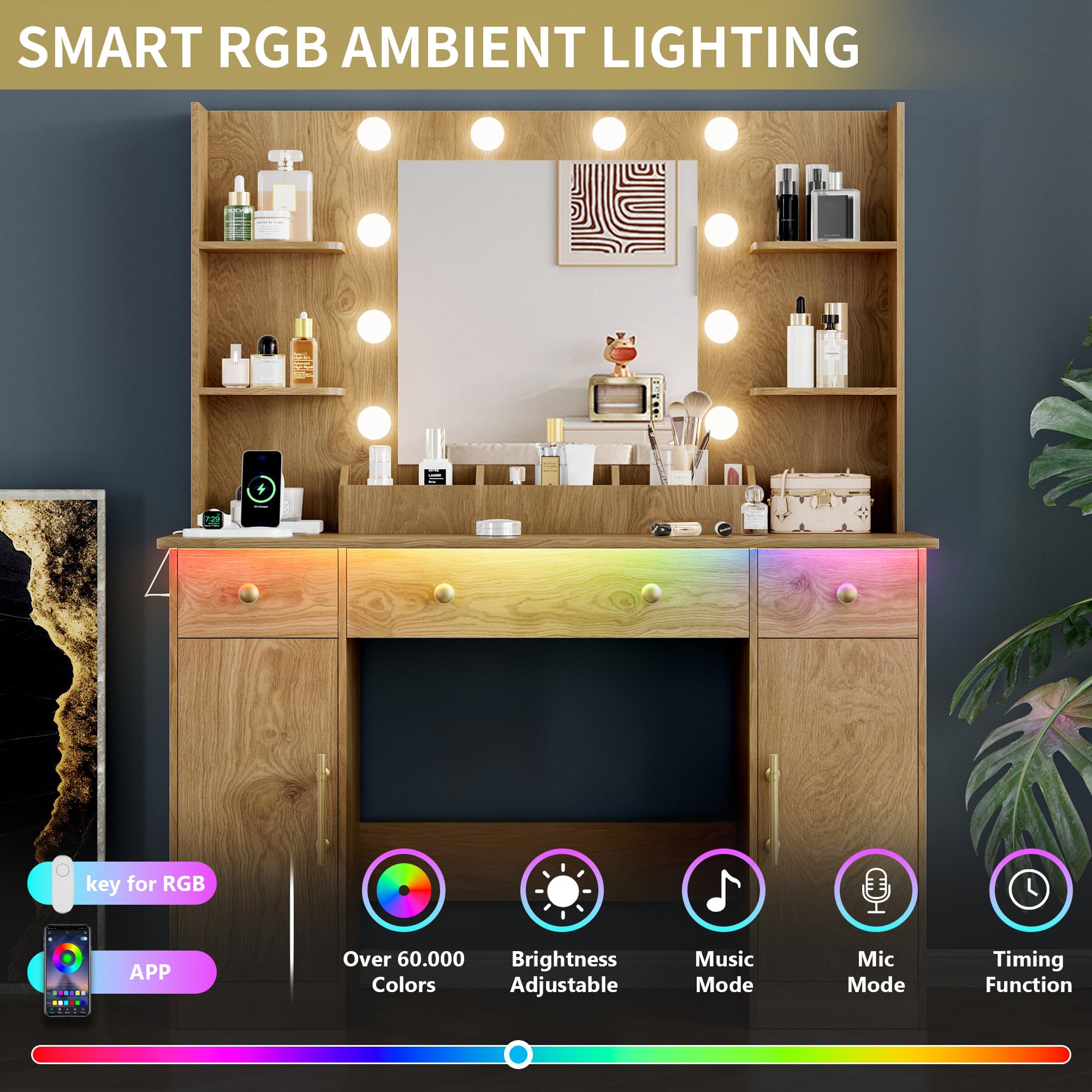 Vanity Desk with Mirror and Lights, 43'' Pink Makeup Dressing Table Set with 5 Drawers & Chair, Power Outlet, 3 Lighting Modes Adjustable Brightness & RGB LED for Women Girls Bedroom Bathroom