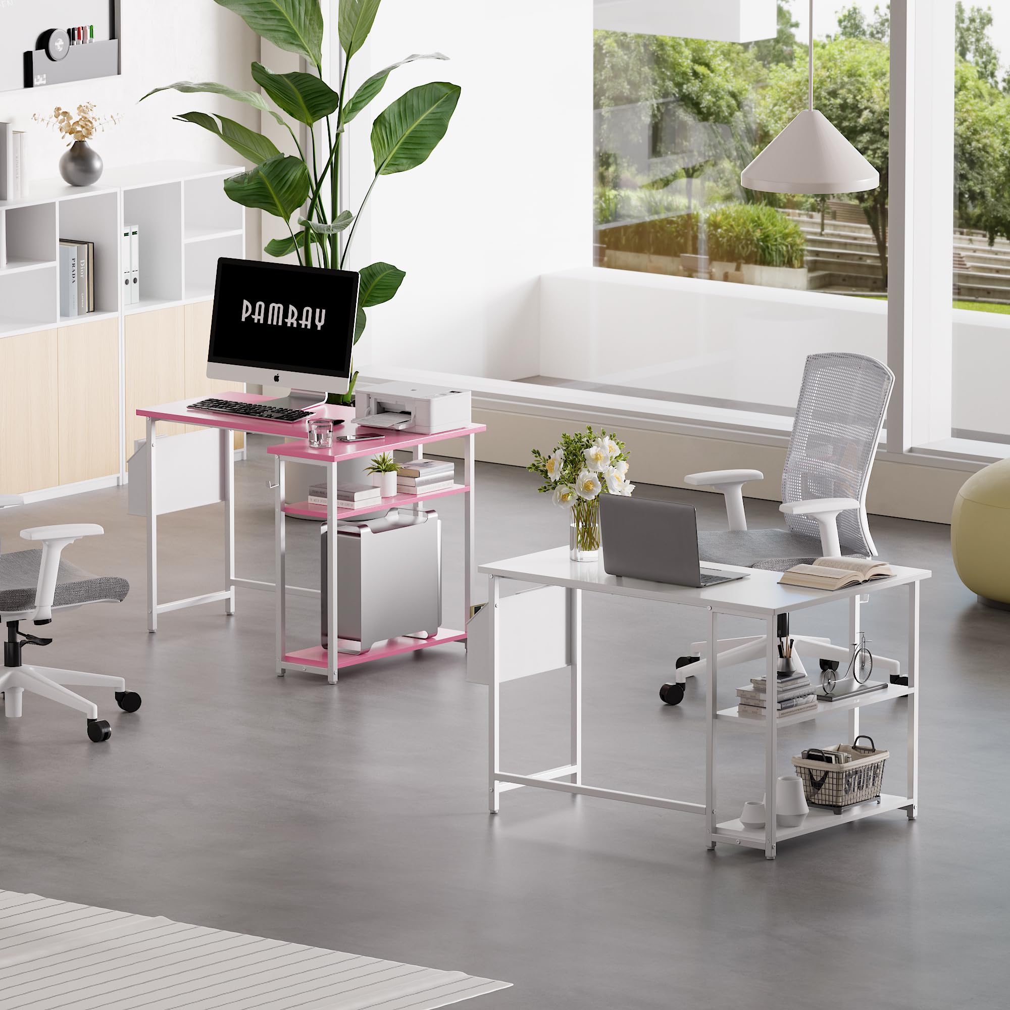 Pamray 43 Inch L Shaped Computer Desk with Reversible Side Storage Shelves, Small Corner Desk for Small Space Home Office,Writing Study Table PC Desk for Bedroom,Pink with White Leg