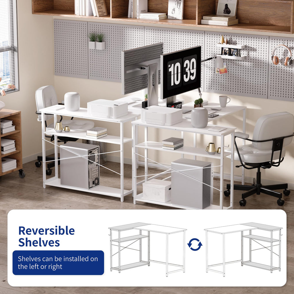 Pamray 43 Inch L Shaped Computer Desk with Reversible Side Storage Shelves, Small Corner Desk for Small Space Home Office,Writing Study Table PC Desk for Bedroom,Pink with White Leg