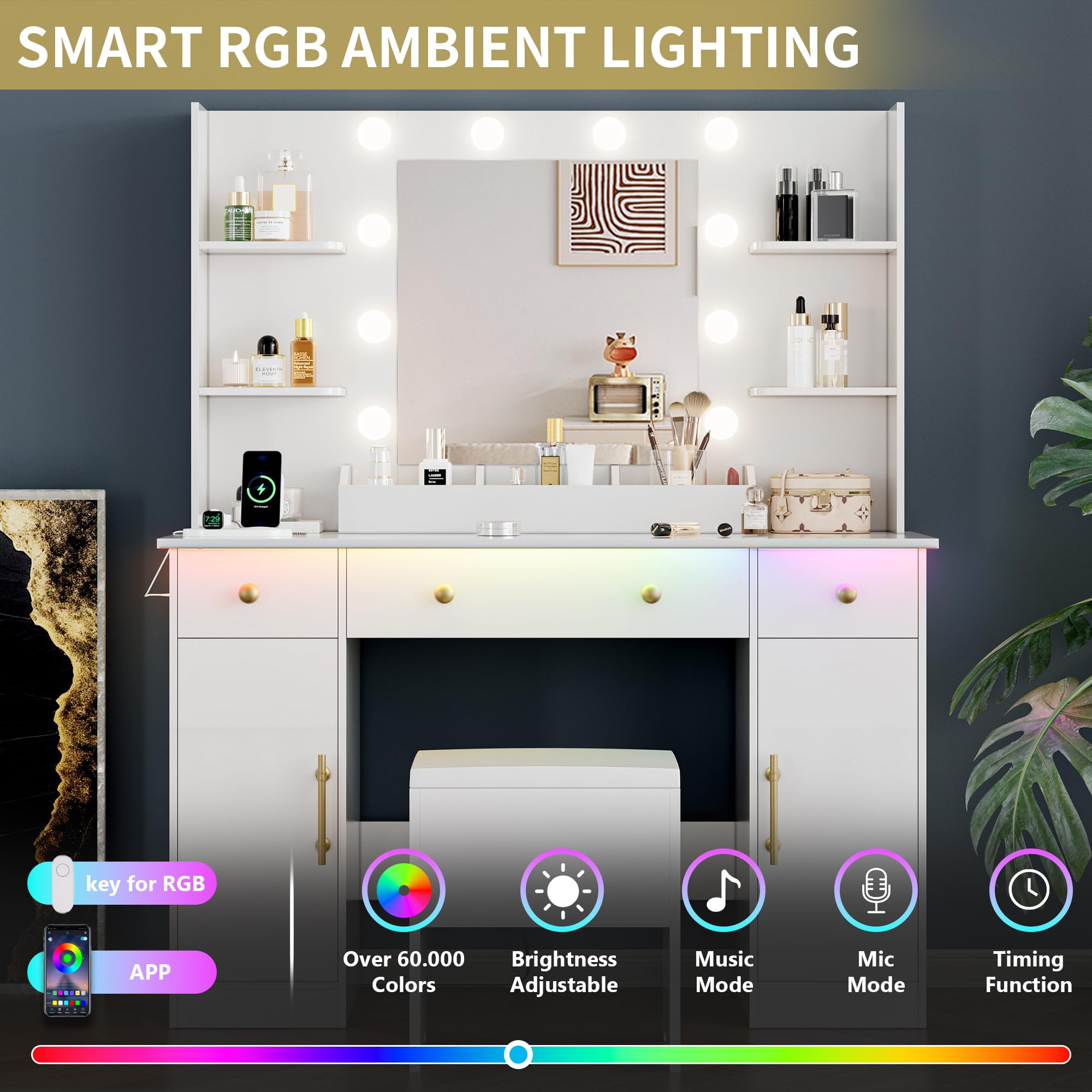 Vanity Desk with Mirror and Lights, 43'' Pink Makeup Dressing Table Set with 5 Drawers & Chair, Power Outlet, 3 Lighting Modes Adjustable Brightness & RGB LED for Women Girls Bedroom Bathroom