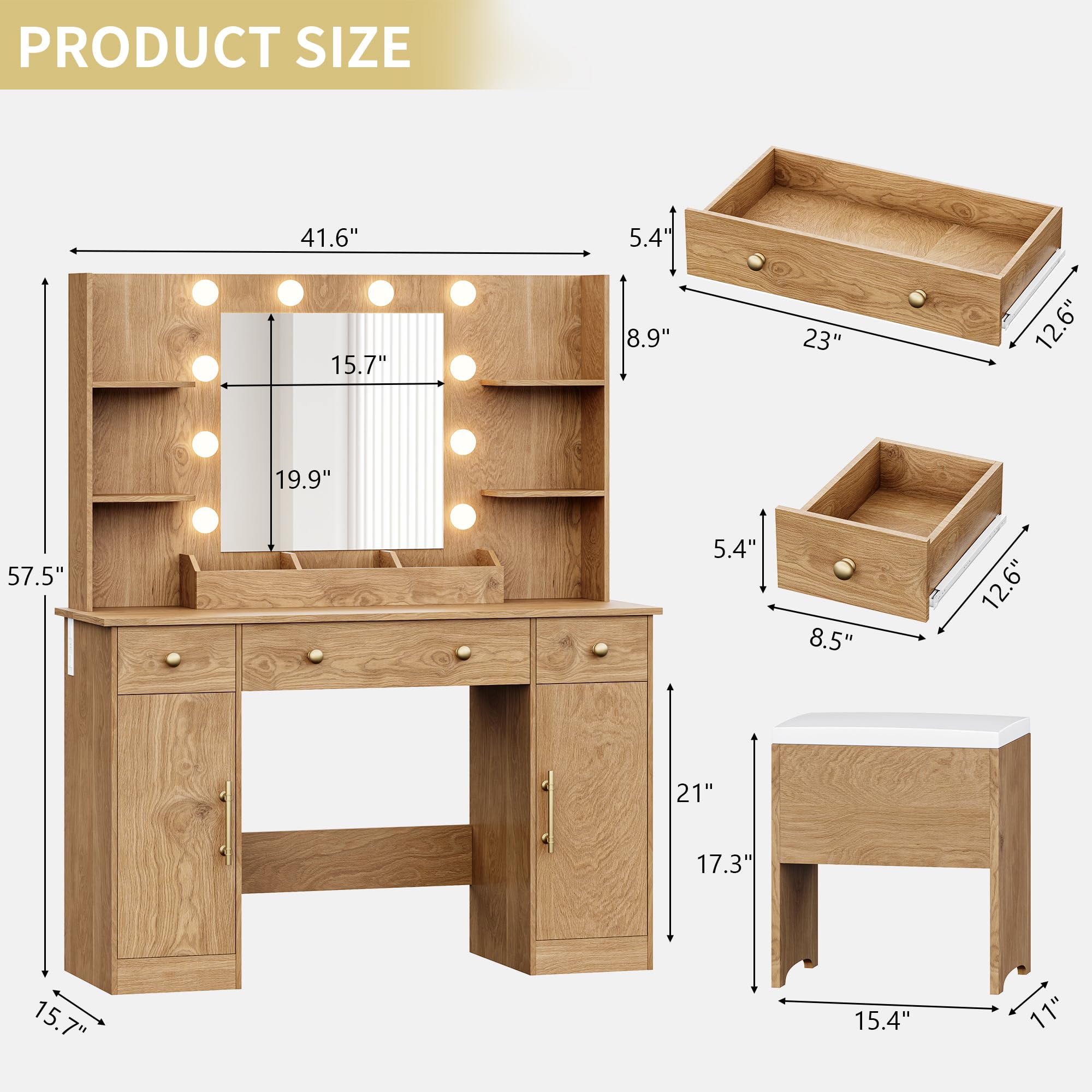 Vanity Desk with Mirror and Lights, 43'' Pink Makeup Dressing Table Set with 5 Drawers & Chair, Power Outlet, 3 Lighting Modes Adjustable Brightness & RGB LED for Women Girls Bedroom Bathroom