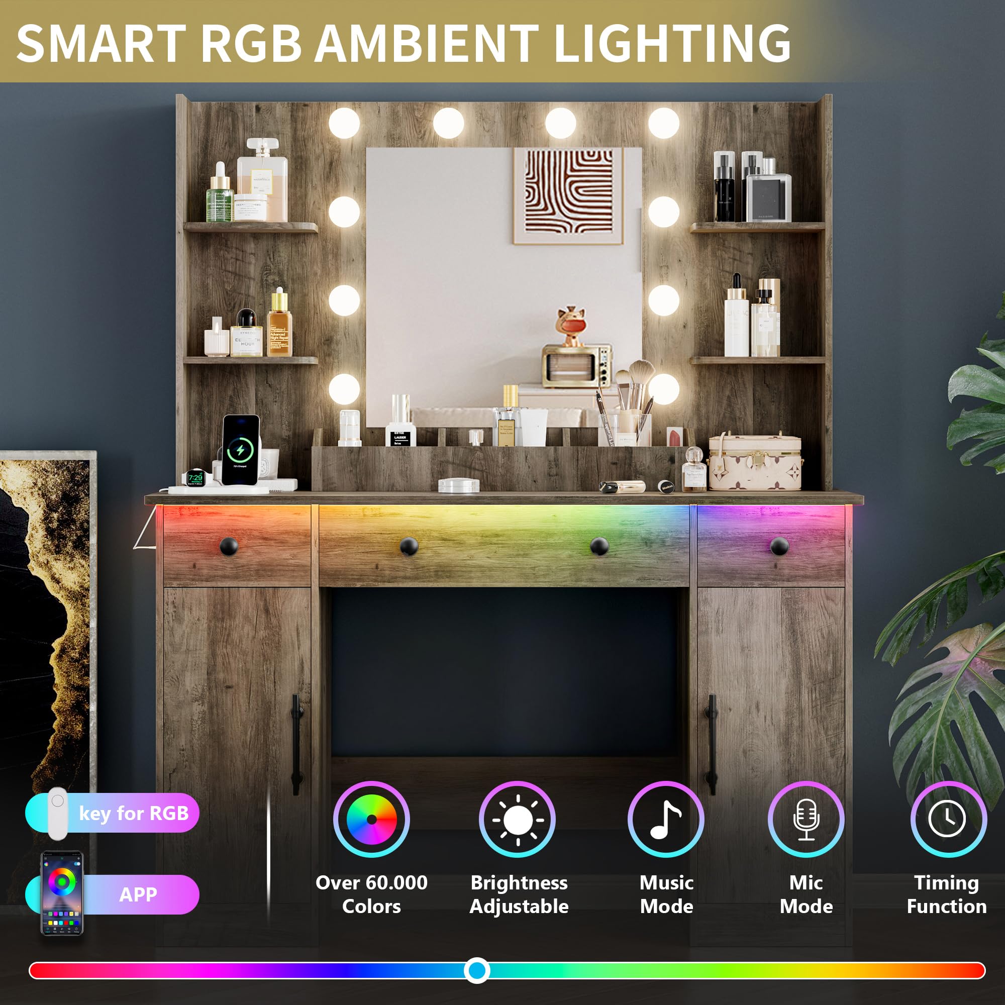 Vanity Desk with Mirror and Lights, 43'' Pink Makeup Dressing Table Set with 5 Drawers & Chair, Power Outlet, 3 Lighting Modes Adjustable Brightness & RGB LED for Women Girls Bedroom Bathroom