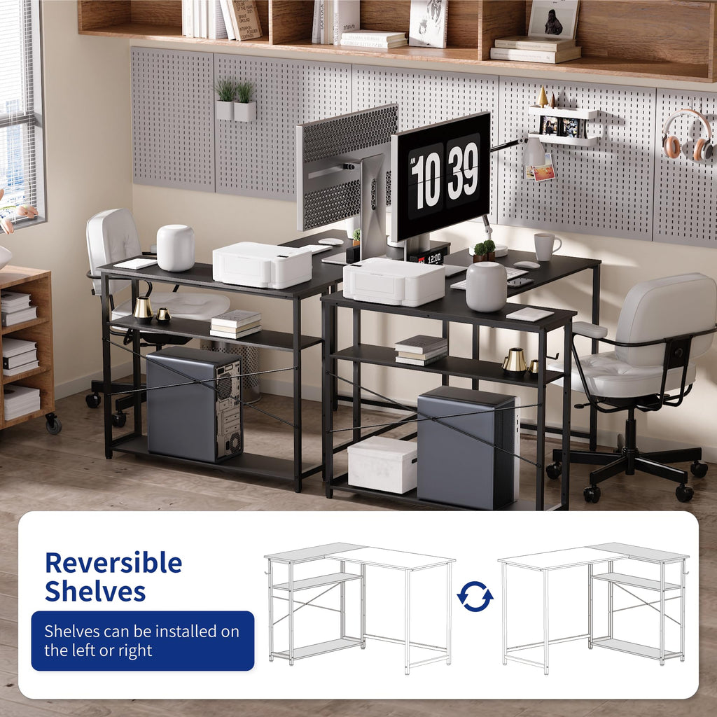 Pamray 43 Inch L Shaped Computer Desk with Reversible Side Storage Shelves, Small Corner Desk for Small Space Home Office,Writing Study Table PC Desk for Bedroom,Pink with White Leg