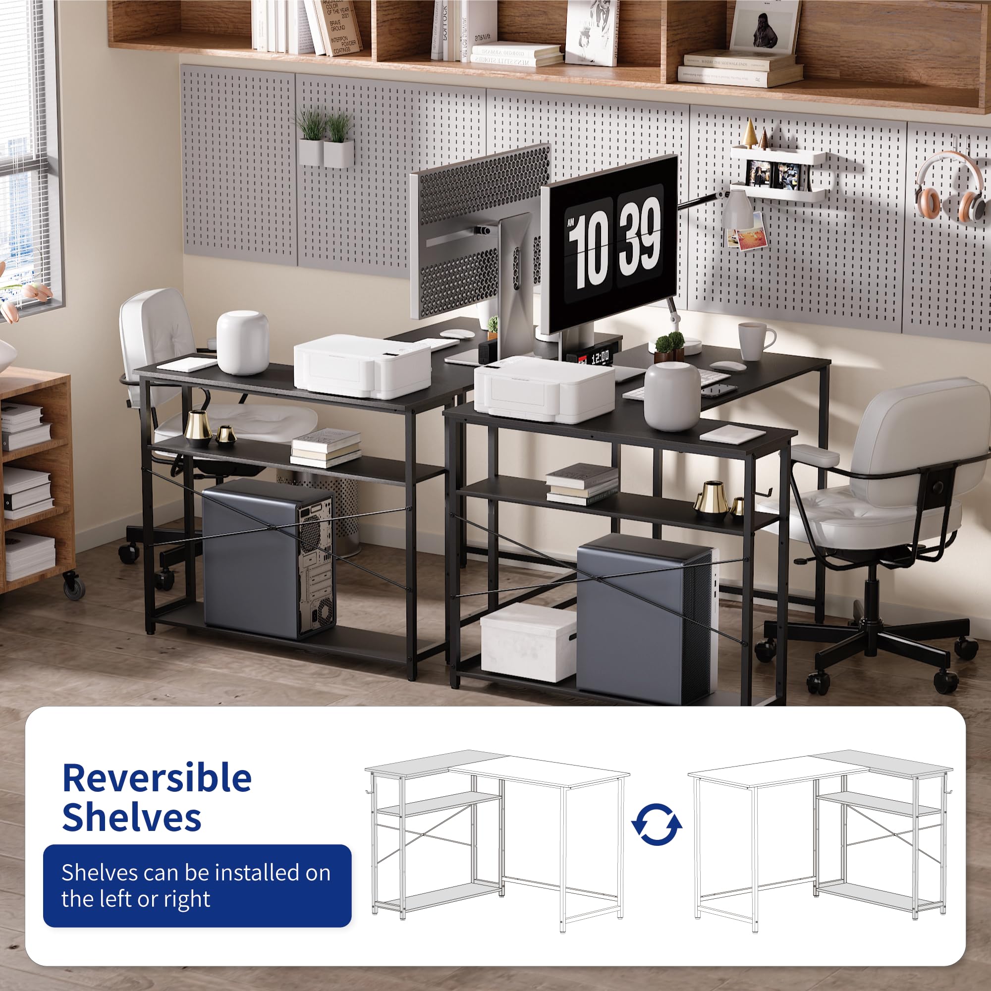 Pamray 43 Inch L Shaped Computer Desk with Reversible Side Storage Shelves, Small Corner Desk for Small Space Home Office,Writing Study Table PC Desk for Bedroom,Pink with White Leg