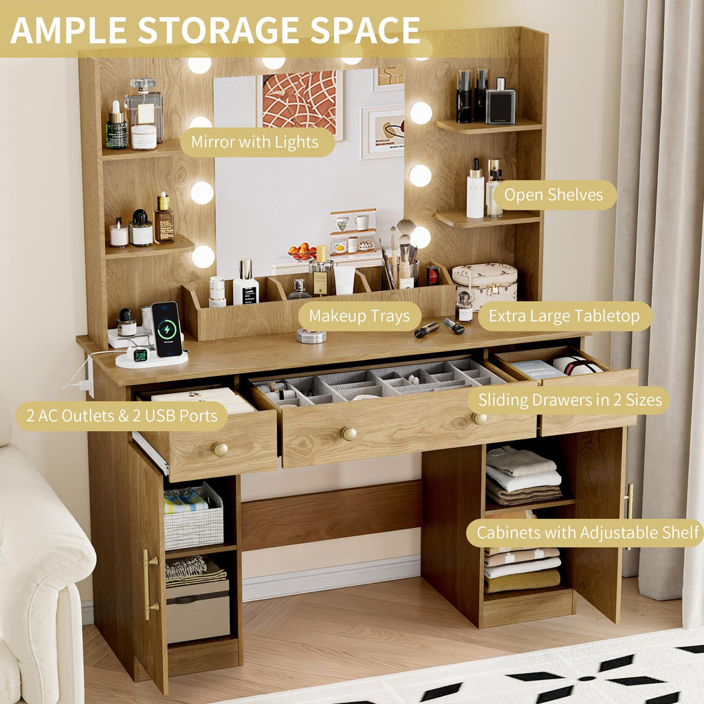 Vanity Desk with Mirror and Lights, 43'' Pink Makeup Dressing Table Set with 5 Drawers & Chair, Power Outlet, 3 Lighting Modes Adjustable Brightness & RGB LED for Women Girls Bedroom Bathroom