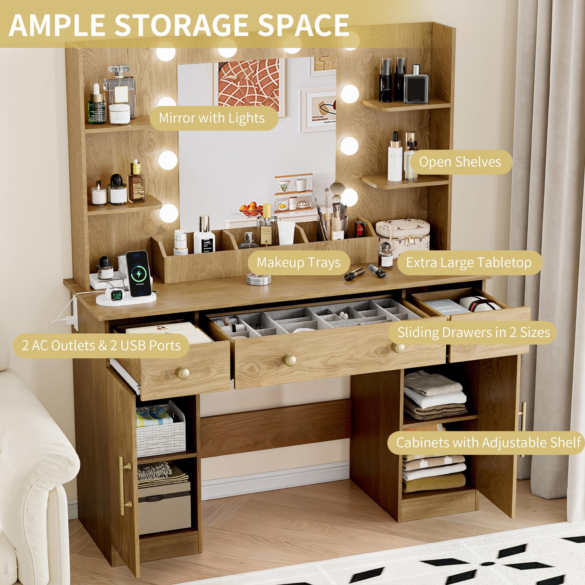 Vanity Desk with Mirror and Lights, 43'' Pink Makeup Dressing Table Set with 5 Drawers & Chair, Power Outlet, 3 Lighting Modes Adjustable Brightness & RGB LED for Women Girls Bedroom Bathroom