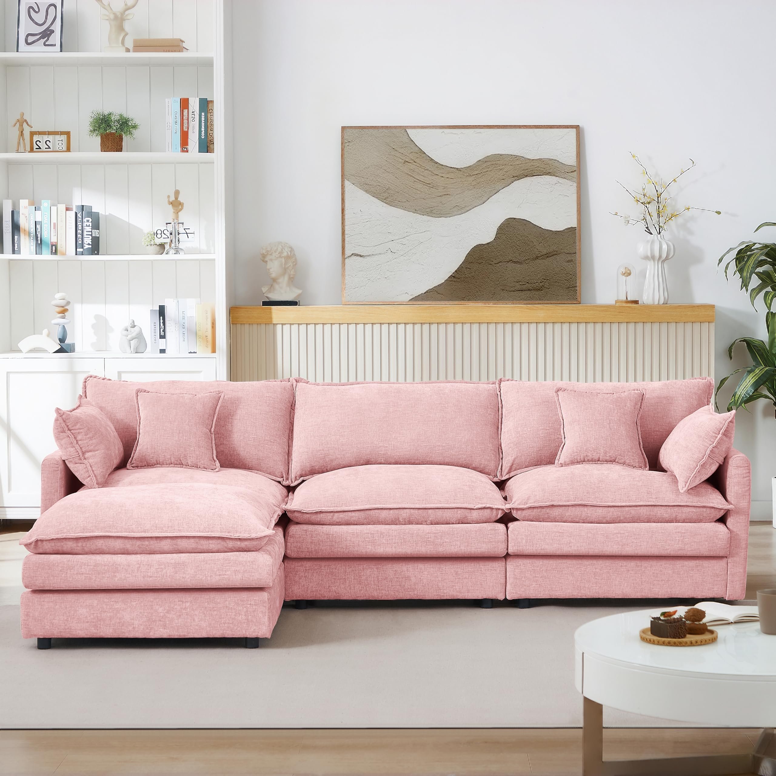 Pink Sectional Modular Sofa Cloud Couch, 105" Modern Convertible L-Shape Sofa Deep 3-Seater Soft Chenille Comfy Upholstered with Removeable Ottoman Set and Removable Cushions for Living Room