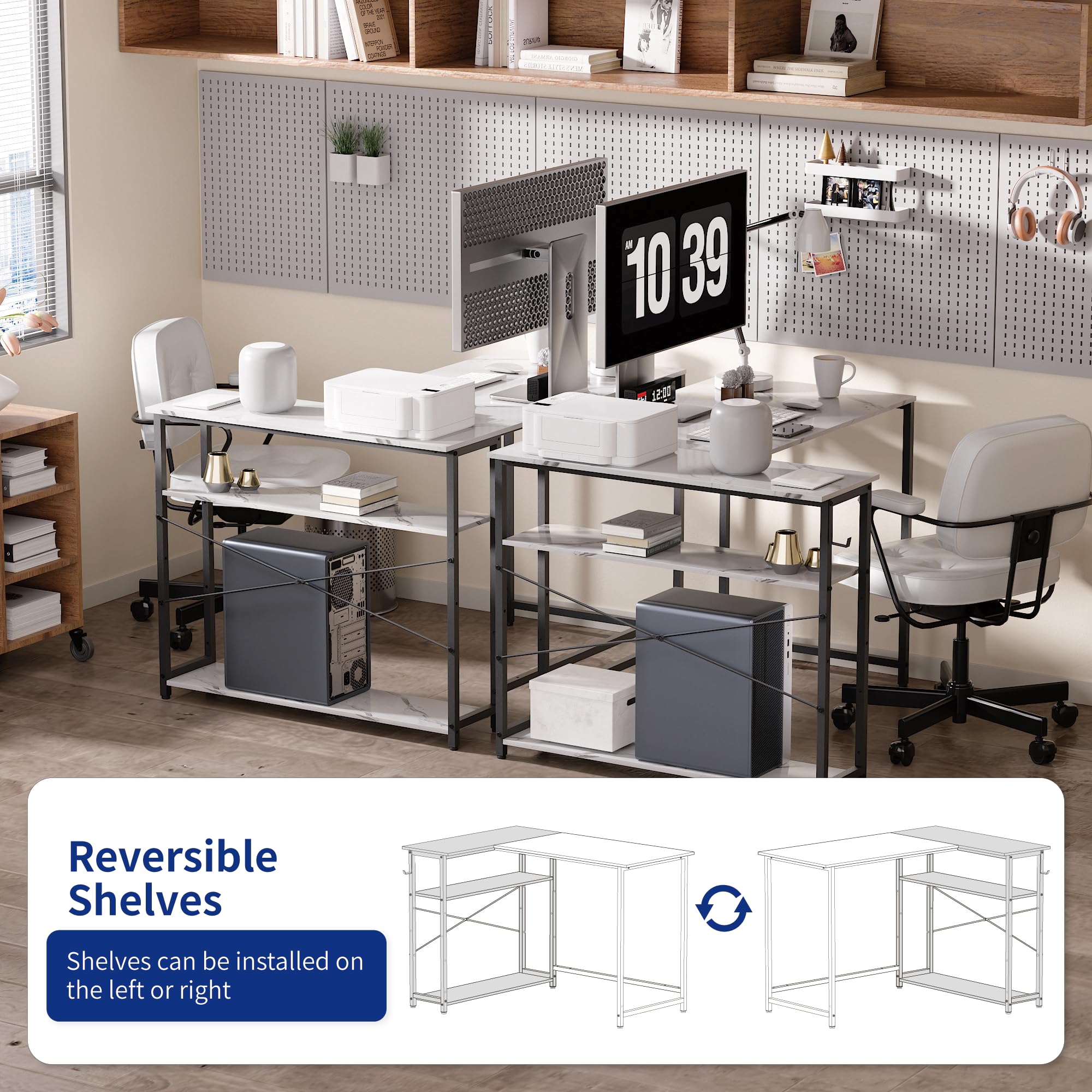 Pamray 43 Inch L Shaped Computer Desk with Reversible Side Storage Shelves, Small Corner Desk for Small Space Home Office,Writing Study Table PC Desk for Bedroom,Pink with White Leg