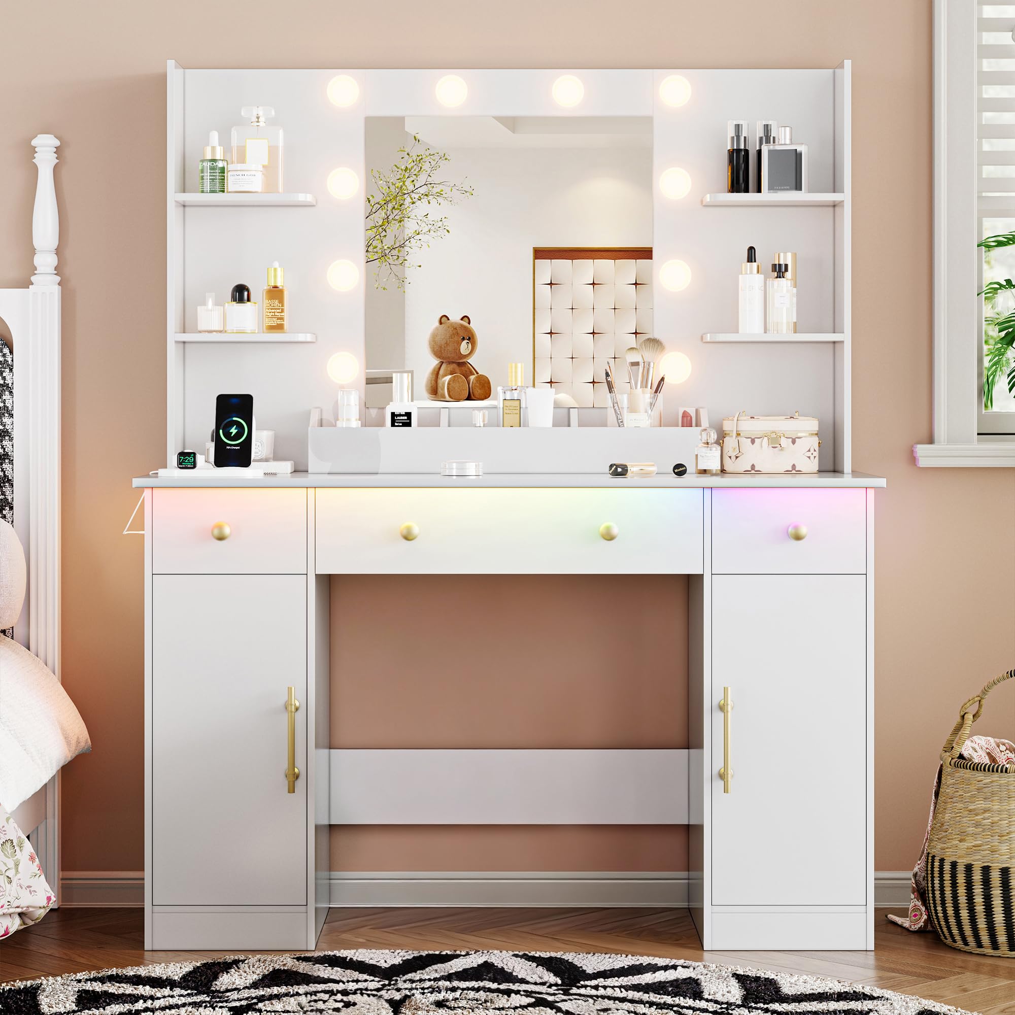 Vanity Desk with Mirror and Lights, 43'' Pink Makeup Dressing Table Set with 5 Drawers & Chair, Power Outlet, 3 Lighting Modes Adjustable Brightness & RGB LED for Women Girls Bedroom Bathroom