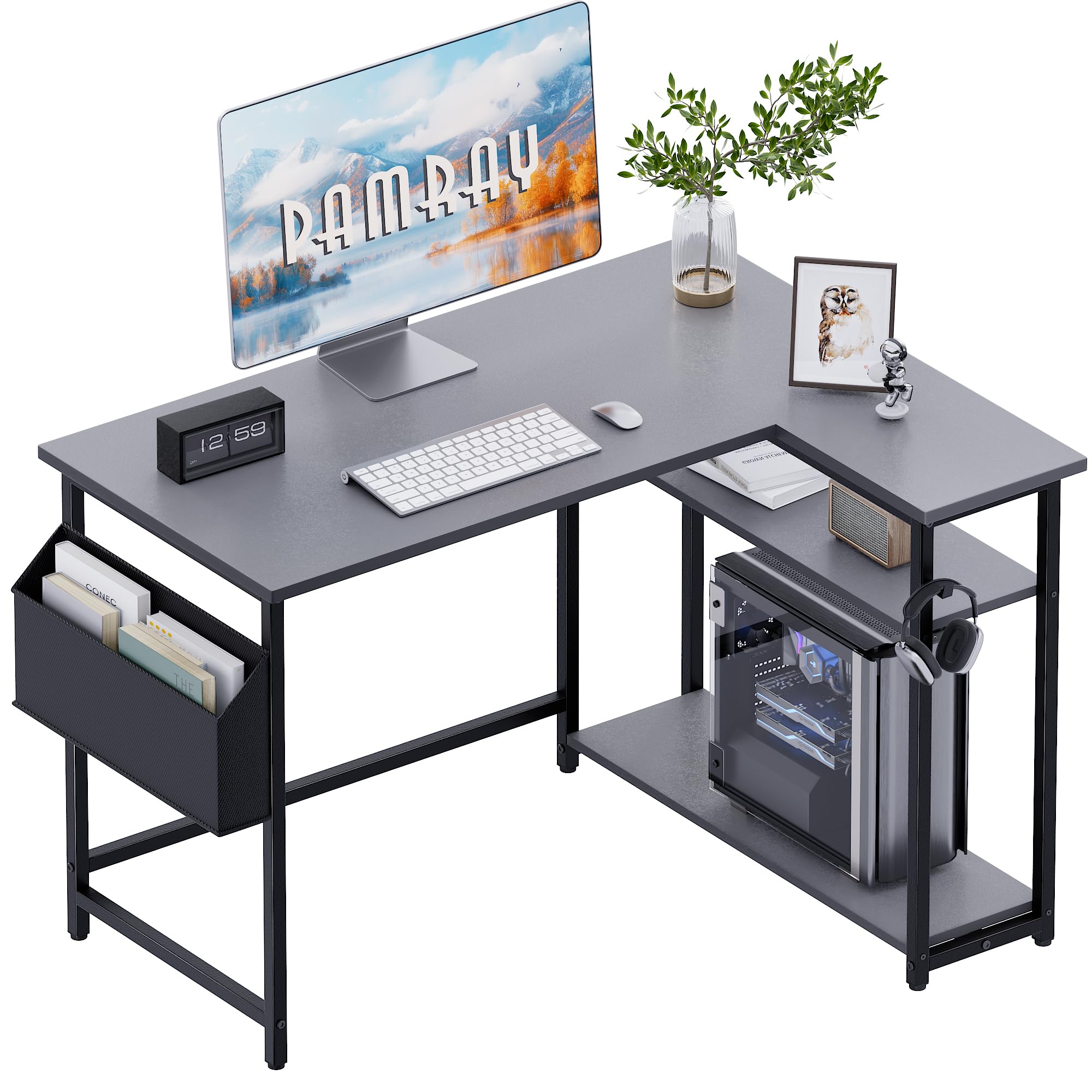 Pamray 43 Inch L Shaped Computer Desk with Reversible Side Storage Shelves, Small Corner Desk for Small Space Home Office,Writing Study Table PC Desk for Bedroom,Pink with White Leg