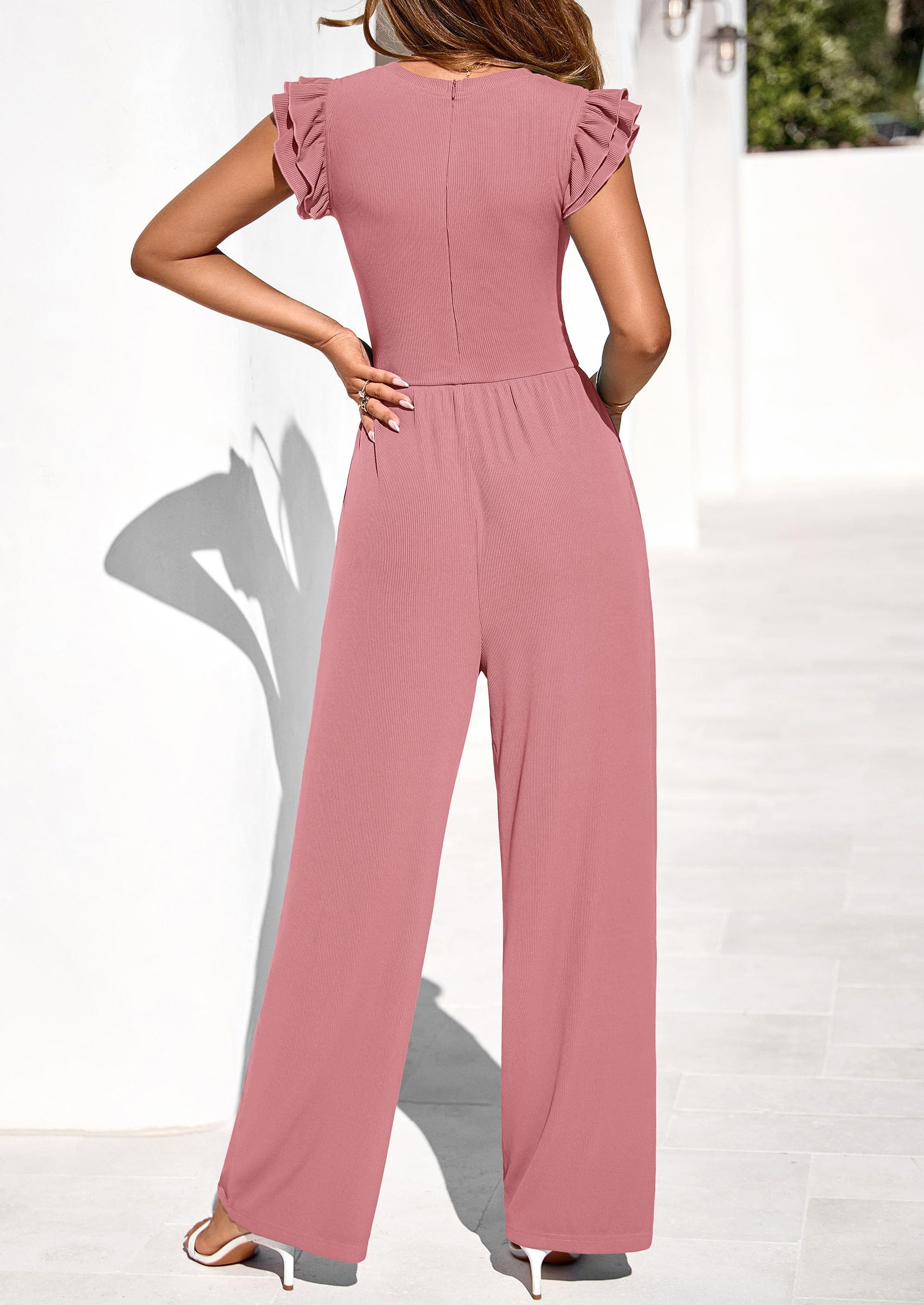PRETTYGARDEN One Piece Jumpsuits For Women Dressy Ruffle Cap Sleeve V Neck Ribbed Knit Wide Leg Romper Casual Spring Outfits