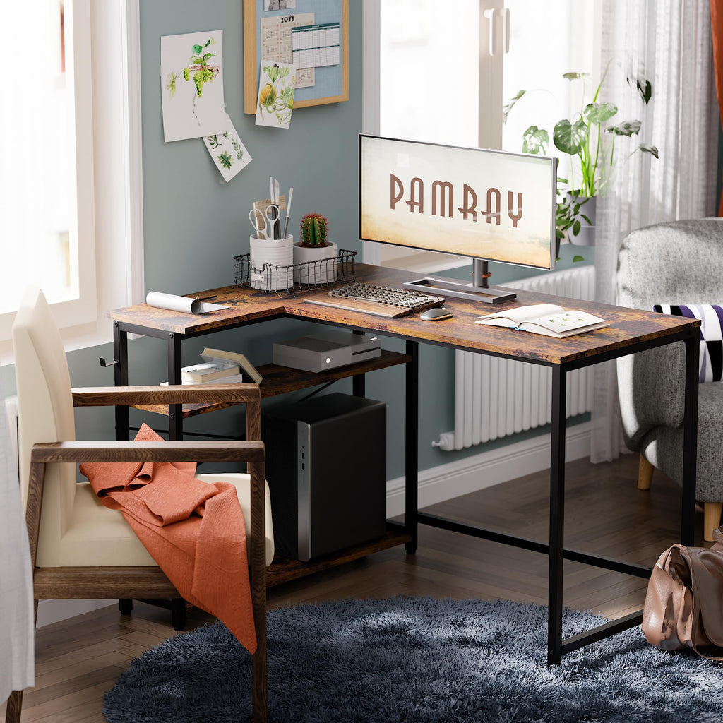 Pamray 43 Inch L Shaped Computer Desk with Reversible Side Storage Shelves, Small Corner Desk for Small Space Home Office,Writing Study Table PC Desk for Bedroom,Pink with White Leg