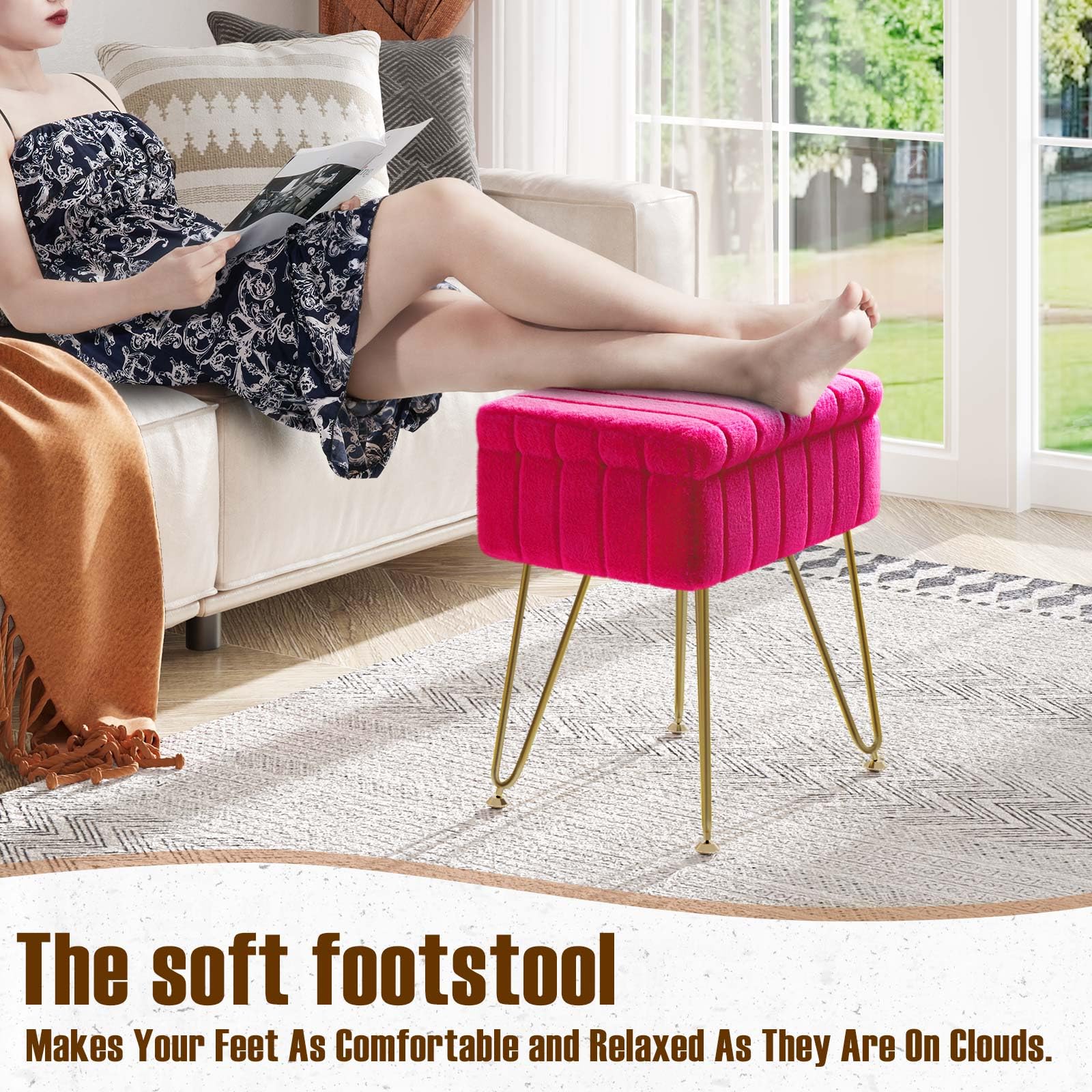Greenstell Vanity Stool Chair Faux Fur with Storage, 15.7"L x 11.8"W x 19.4"H Soft Ottoman 4 Metal Legs with Anti-Slip Feet, Furry Padded Seat, Modern Multifunctional Chairs for Makeup, Bedroom Pink
