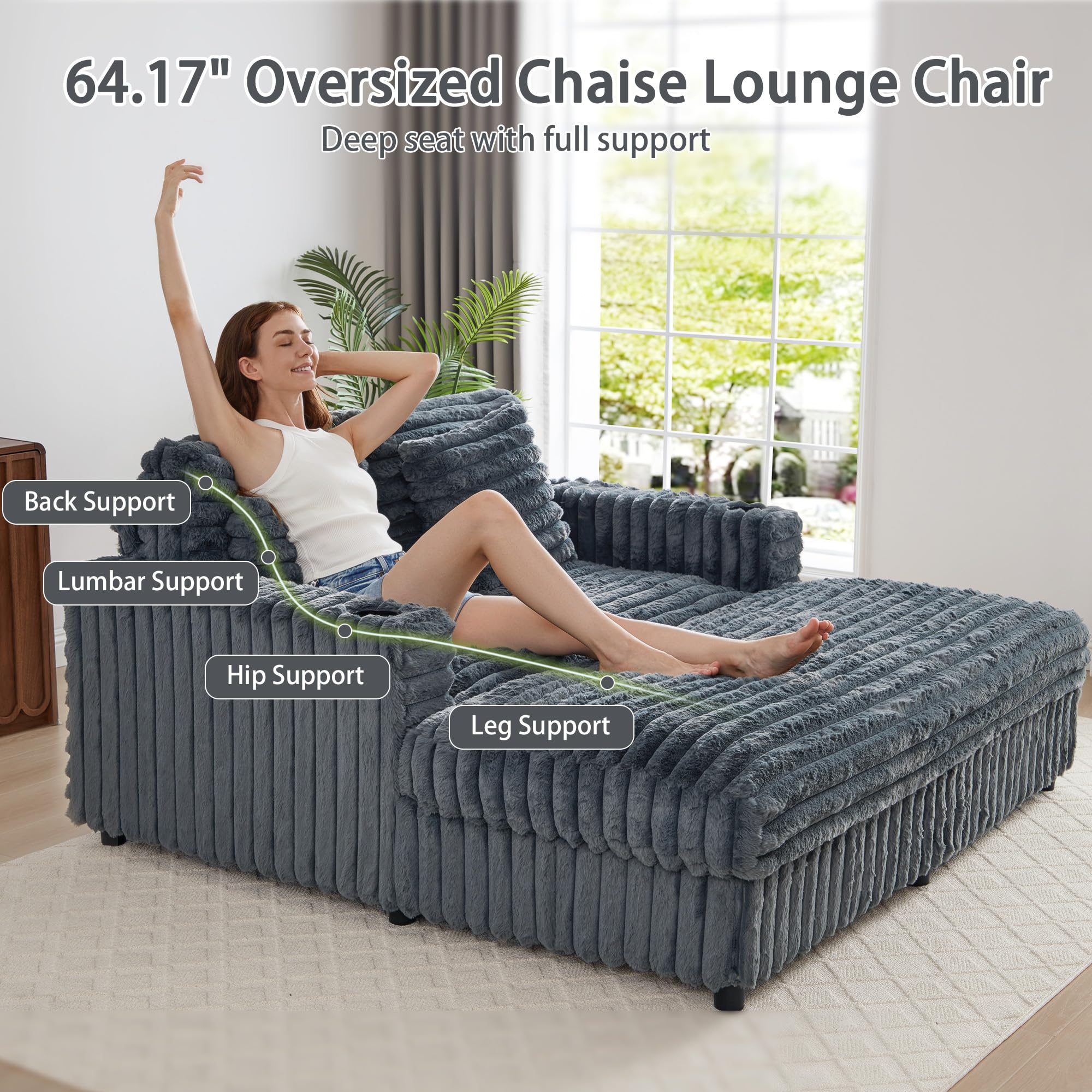 RARZOE 64'' Oversized Chaise Lounge Chair Indoor, Plush Faux Rabbit Fur Sleeper Sofa Bed with 4 Pillows, Charging Station & Cup Holders, Fluffy Comfy Cloud Couch Loveseat Sofa for Living Room,Pink