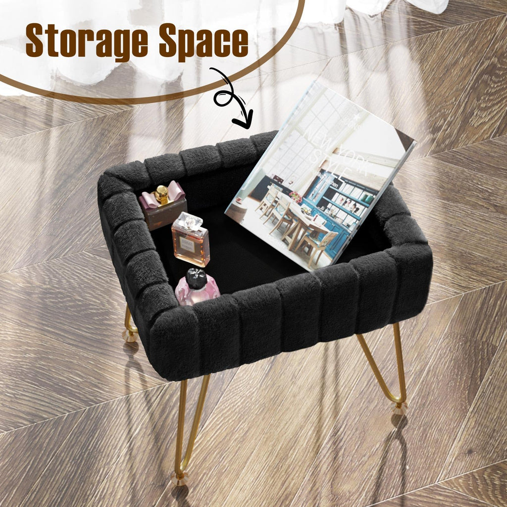 Greenstell Vanity Stool Chair Faux Fur with Storage, 15.7"L x 11.8"W x 19.4"H Soft Ottoman 4 Metal Legs with Anti-Slip Feet, Furry Padded Seat, Modern Multifunctional Chairs for Makeup, Bedroom Pink