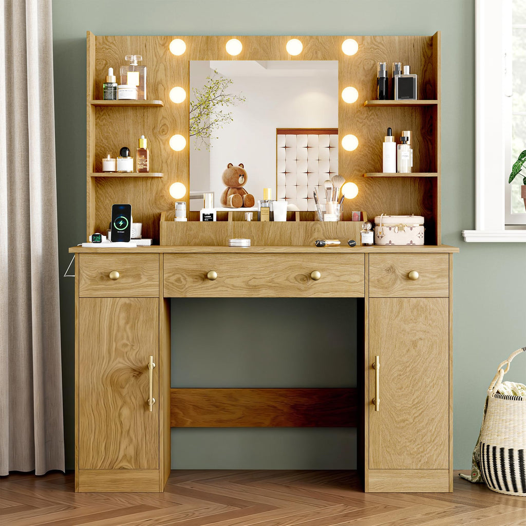 Vanity Desk with Mirror and Lights, 43'' Pink Makeup Dressing Table Set with 5 Drawers & Chair, Power Outlet, 3 Lighting Modes Adjustable Brightness & RGB LED for Women Girls Bedroom Bathroom