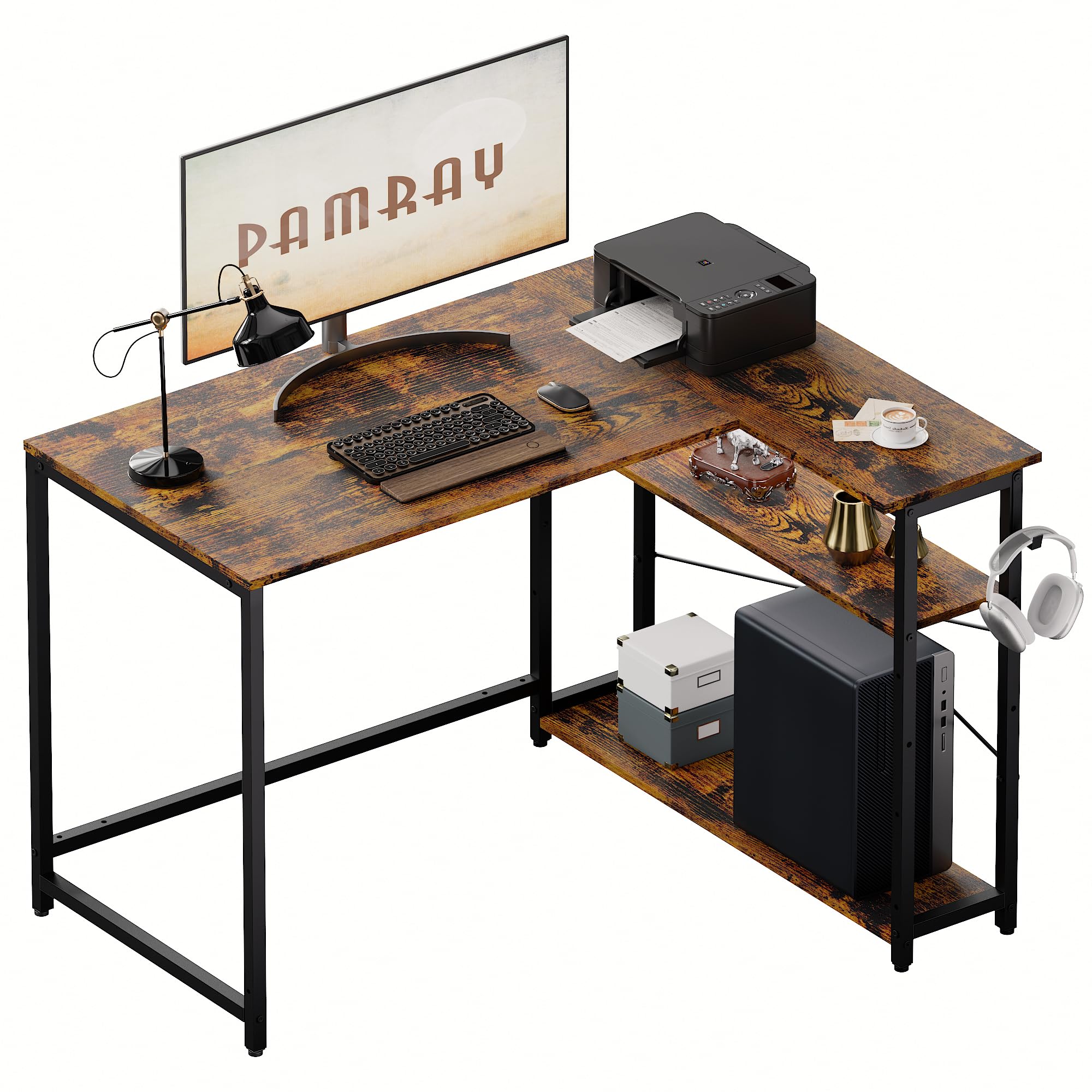 Pamray 43 Inch L Shaped Computer Desk with Reversible Side Storage Shelves, Small Corner Desk for Small Space Home Office,Writing Study Table PC Desk for Bedroom,Pink with White Leg