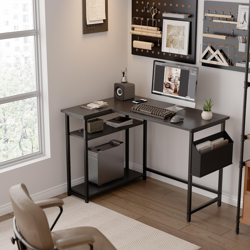 Pamray 43 Inch L Shaped Computer Desk with Reversible Side Storage Shelves, Small Corner Desk for Small Space Home Office,Writing Study Table PC Desk for Bedroom,Pink with White Leg