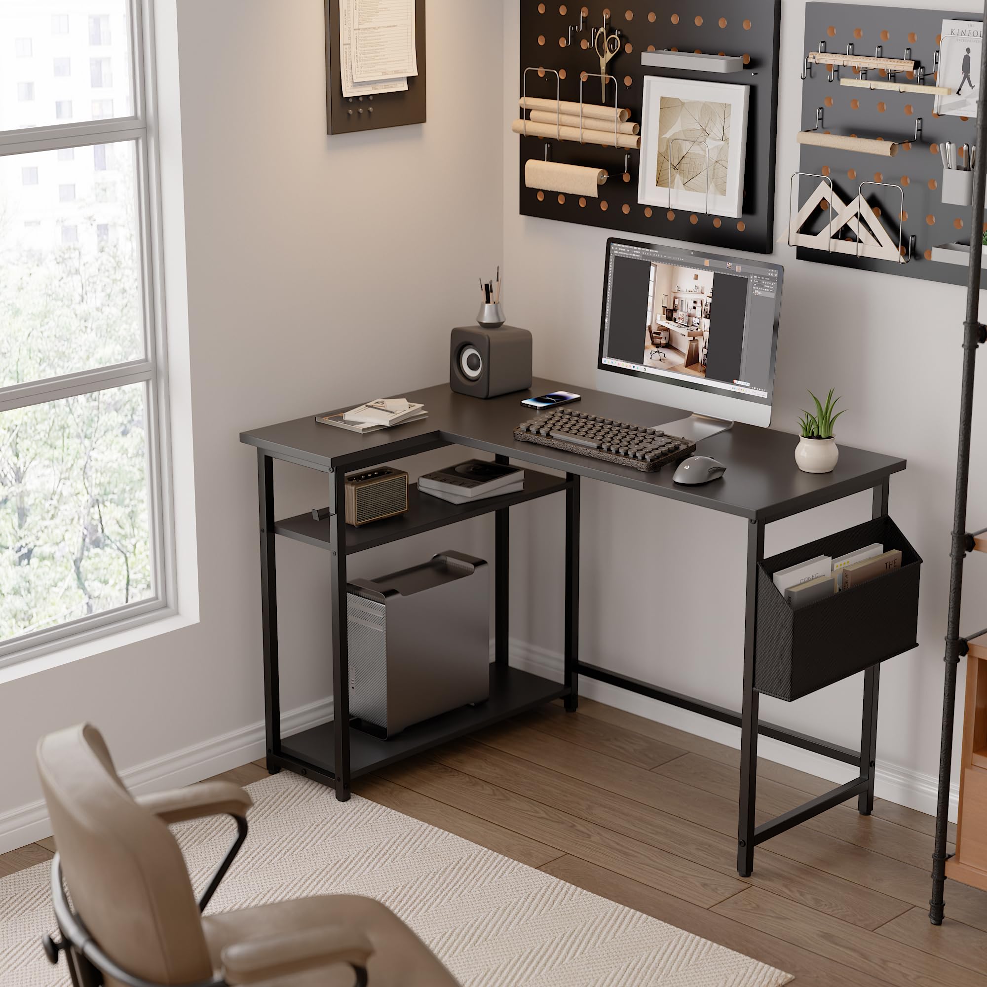 Pamray 43 Inch L Shaped Computer Desk with Reversible Side Storage Shelves, Small Corner Desk for Small Space Home Office,Writing Study Table PC Desk for Bedroom,Pink with White Leg